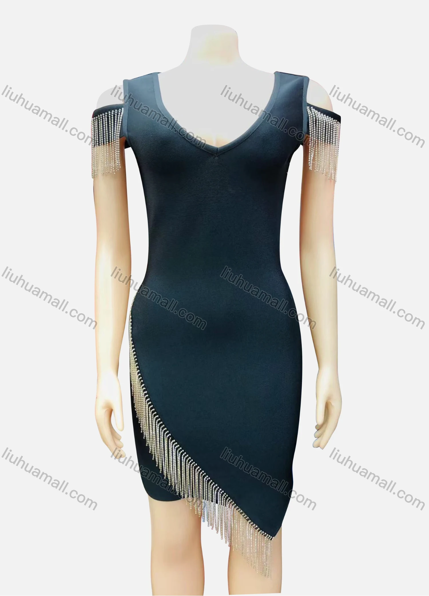 Wholesale Women's Elegant V Neck Fringe Trim Scarf Hem Short Tank Dress - Liuhuamall