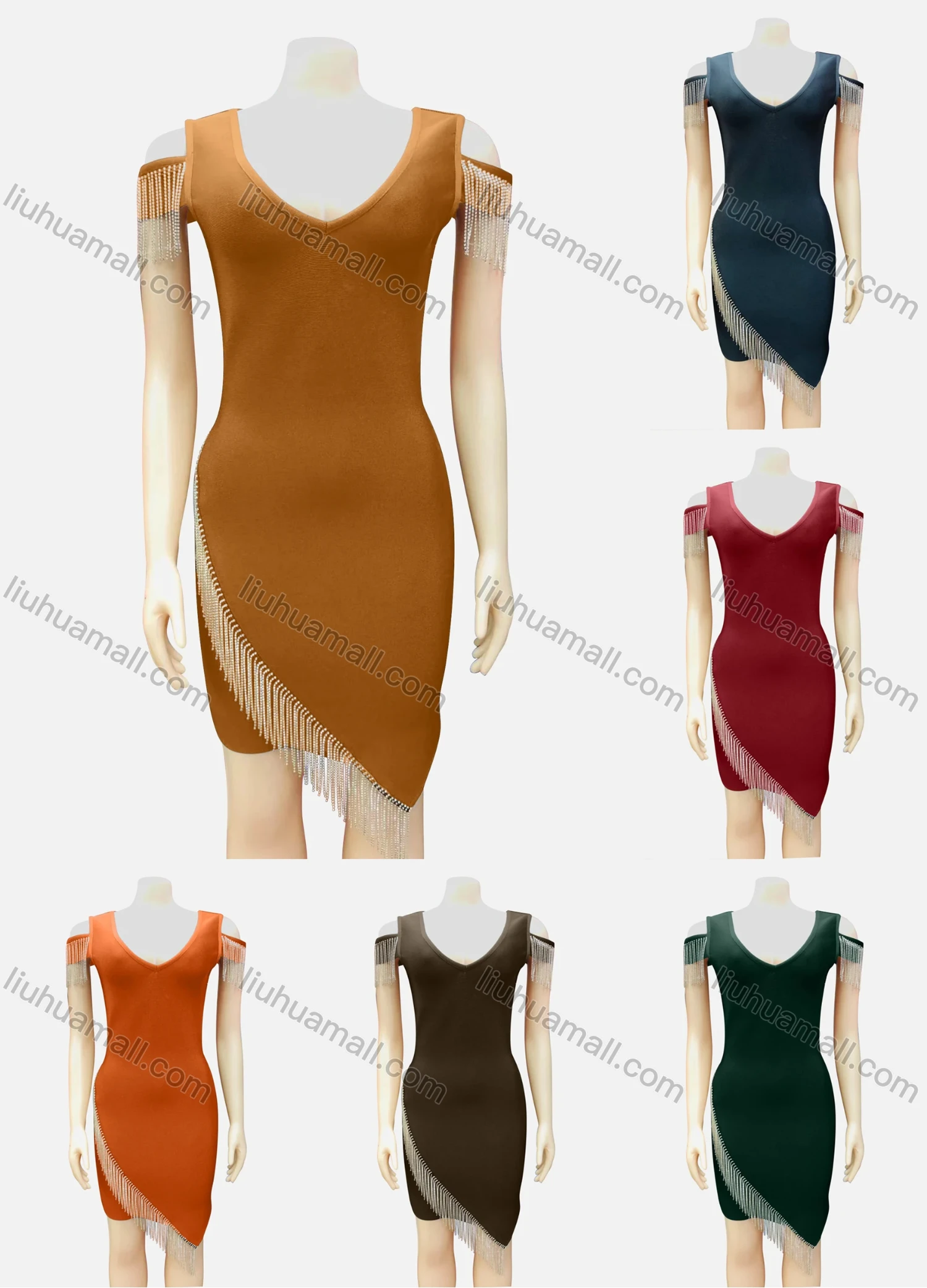 Wholesale Women's Elegant V Neck Fringe Trim Scarf Hem Short Tank Dress - Liuhuamall