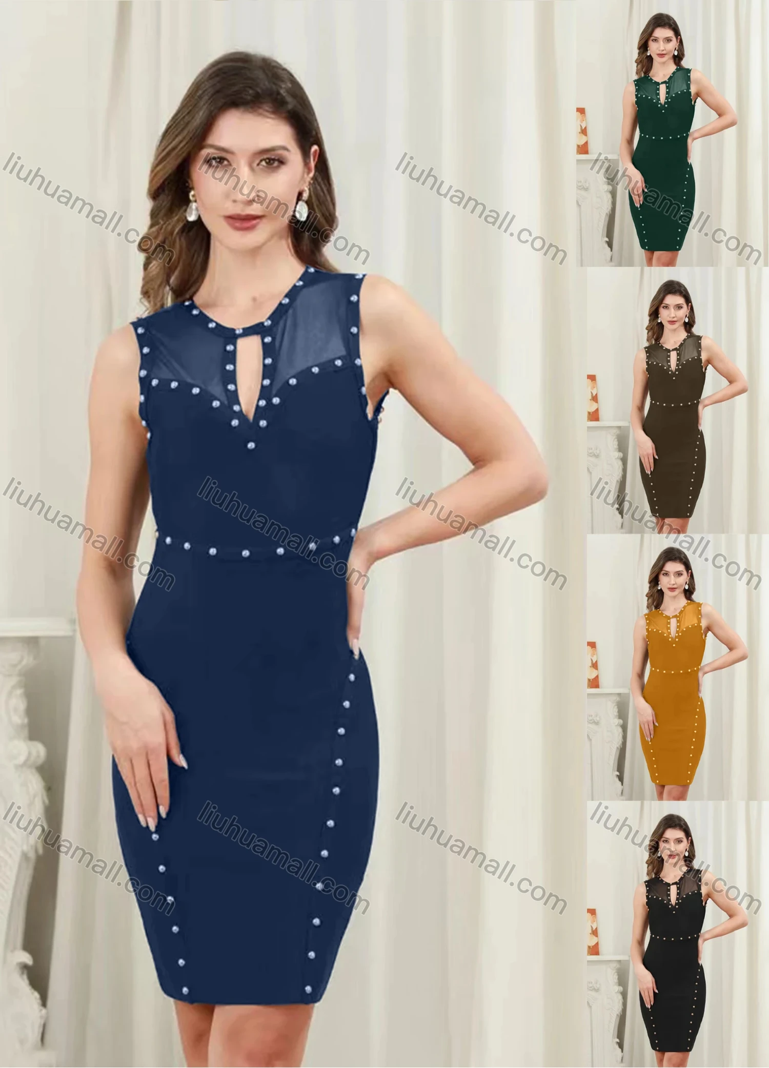 Wholesale Women's Sexy Keyhole Neck Metal Decor Mesh Short Tank Dress - Liuhuamall