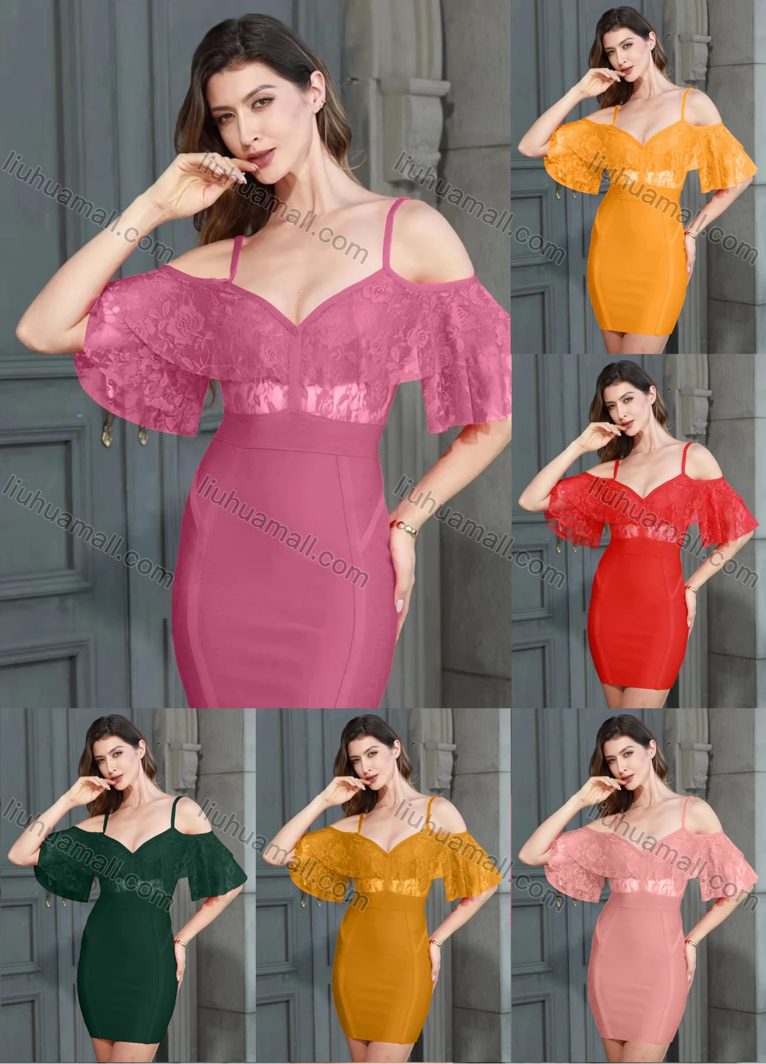 Wholesale Women's Sexy Straps Sheer Lace Bodycon Mini Cami Dress - Liuhuamall