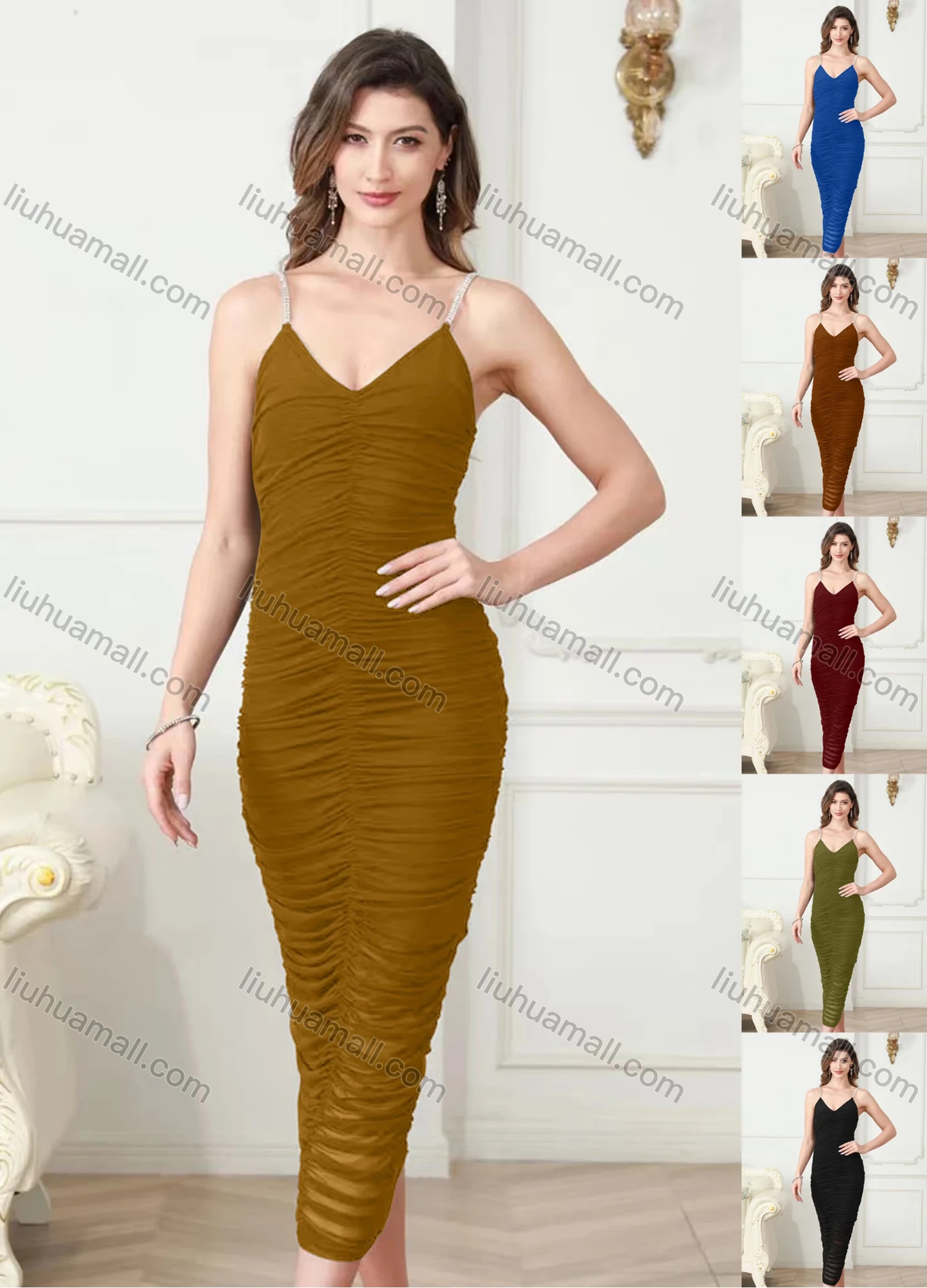 Wholesale Women's Elegant Straps Ruched Midi Cami Dress - Liuhuamall