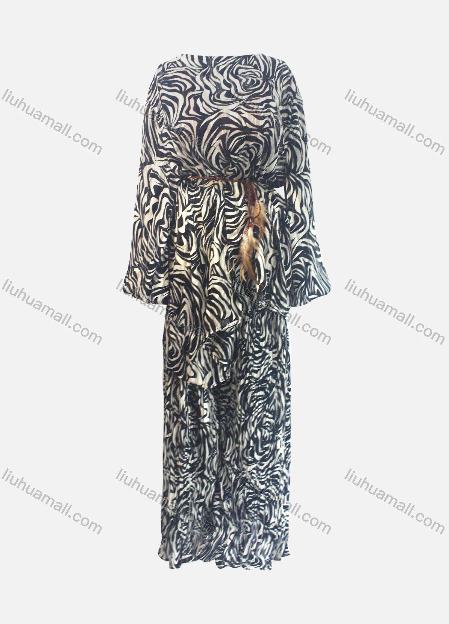 Wholesale Women's Casual Loose Fit Lantern Sleeve Zebra Stripe Shirt & Pleated Maxi Skirt Two Piece Set - Liuhuamall