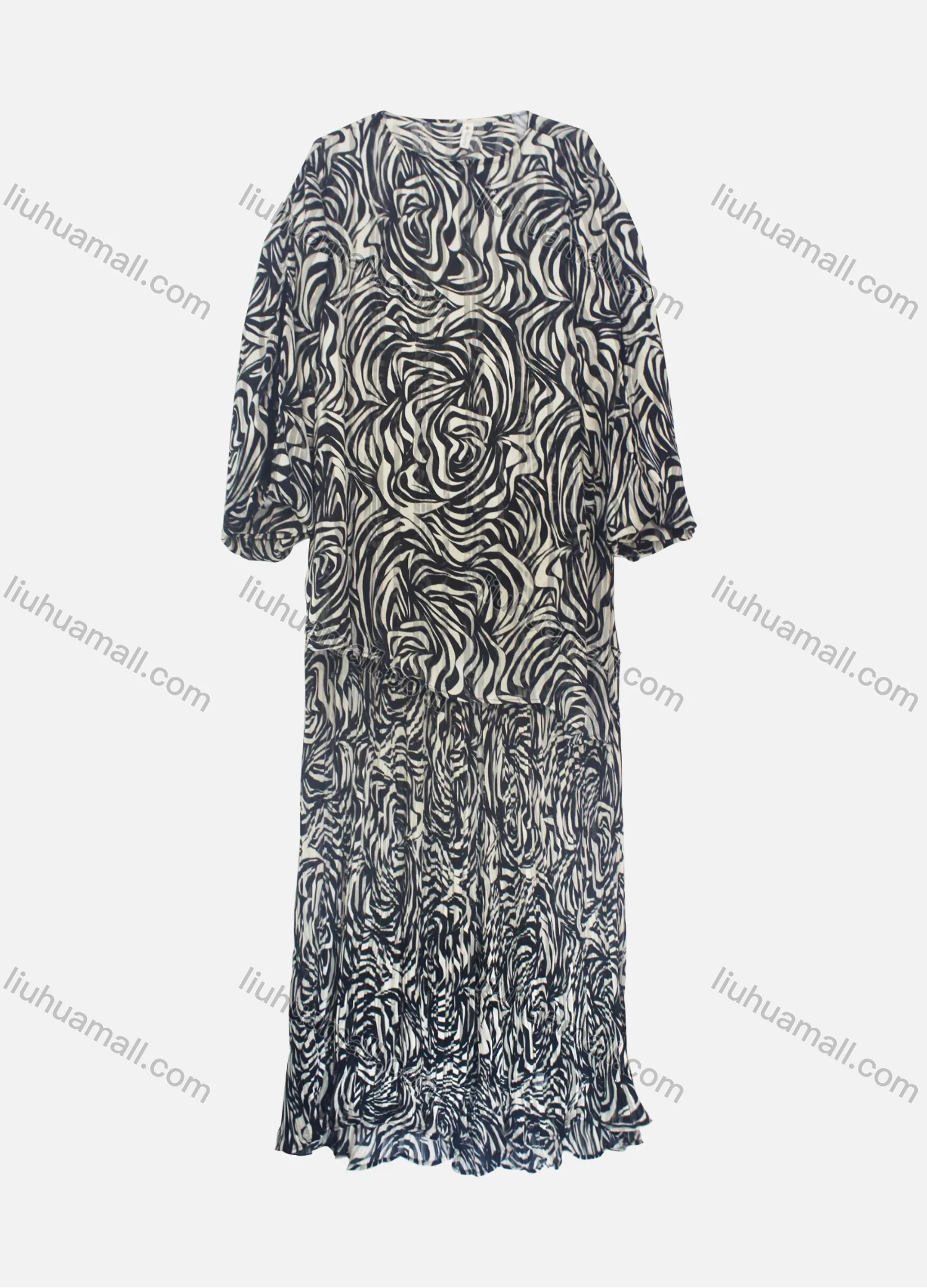 Wholesale Women's Casual Loose Fit Lantern Sleeve Zebra Stripe Shirt & Pleated Maxi Skirt Two Piece Set - Liuhuamall