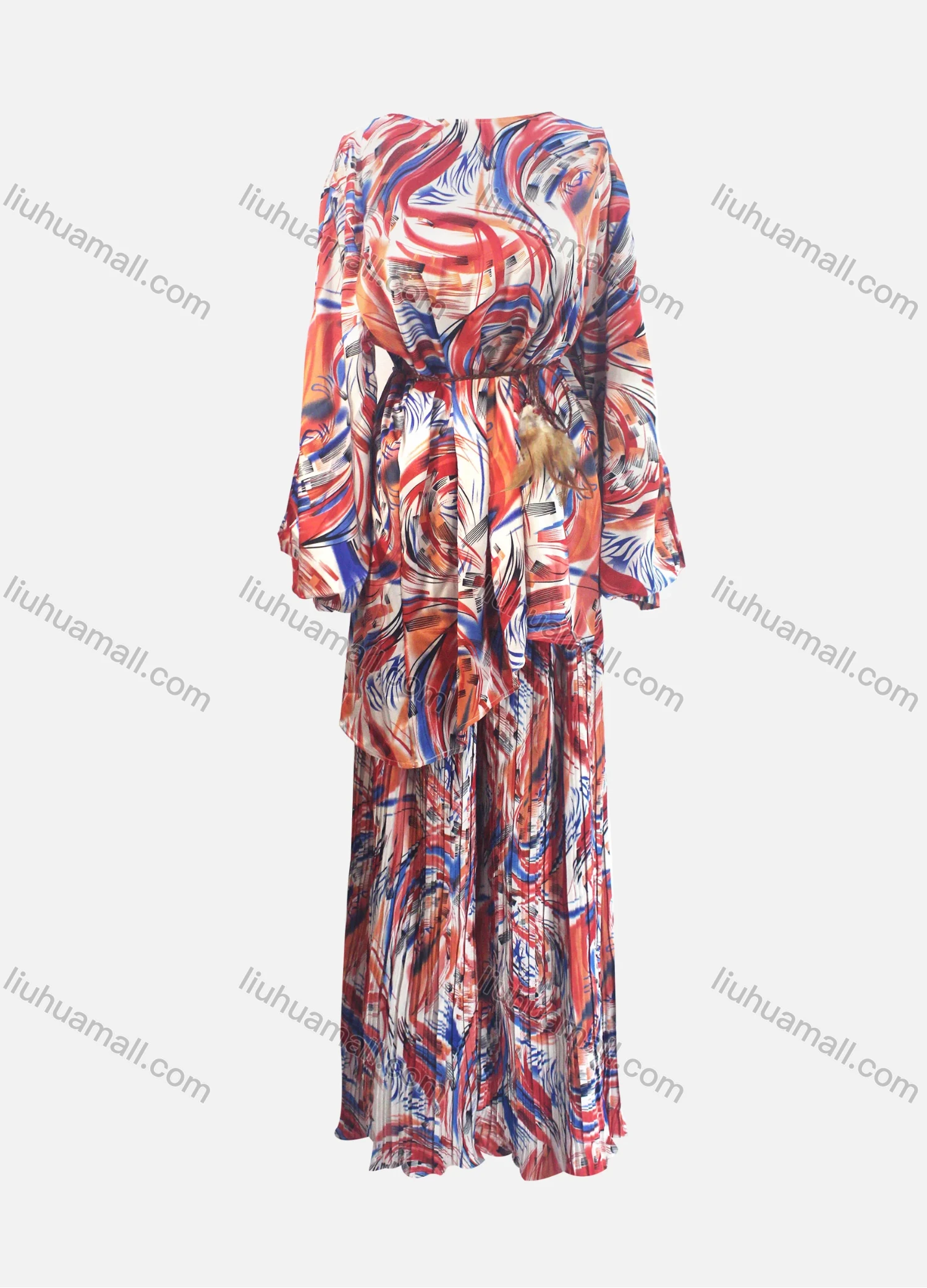 Wholesale Women's Casual Loose Fit Lantern Sleeve Abstract Belted Shirt & Pleated Maxi Skirt Two Piece Set - Liuhuamall