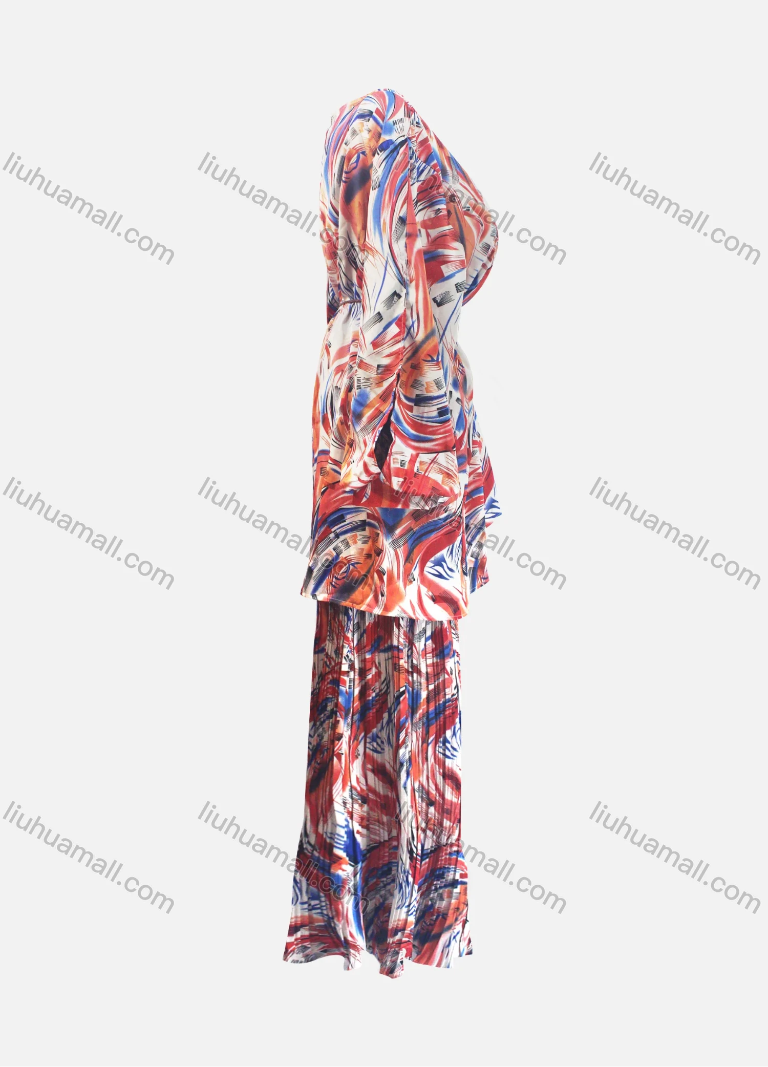 Wholesale Women's Casual Loose Fit Lantern Sleeve Abstract Belted Shirt & Pleated Maxi Skirt Two Piece Set - Liuhuamall