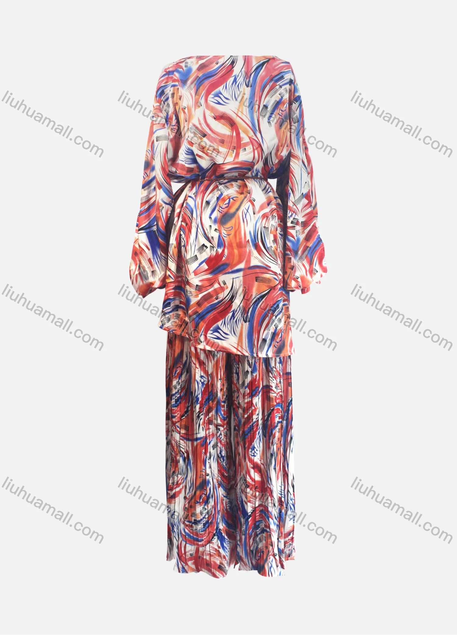 Wholesale Women's Casual Loose Fit Lantern Sleeve Abstract Belted Shirt & Pleated Maxi Skirt Two Piece Set - Liuhuamall