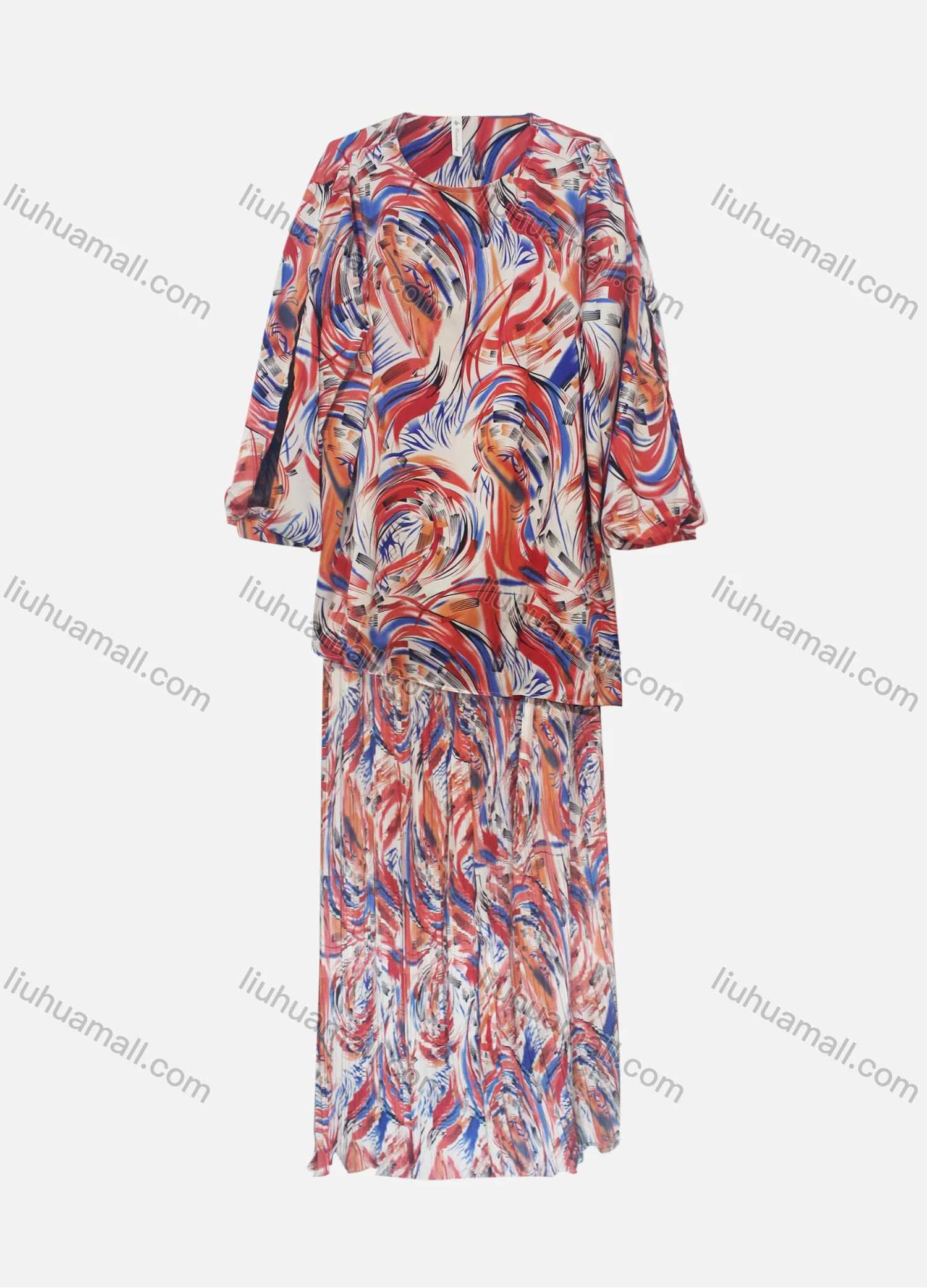 Wholesale Women's Casual Loose Fit Lantern Sleeve Abstract Belted Shirt & Pleated Maxi Skirt Two Piece Set - Liuhuamall