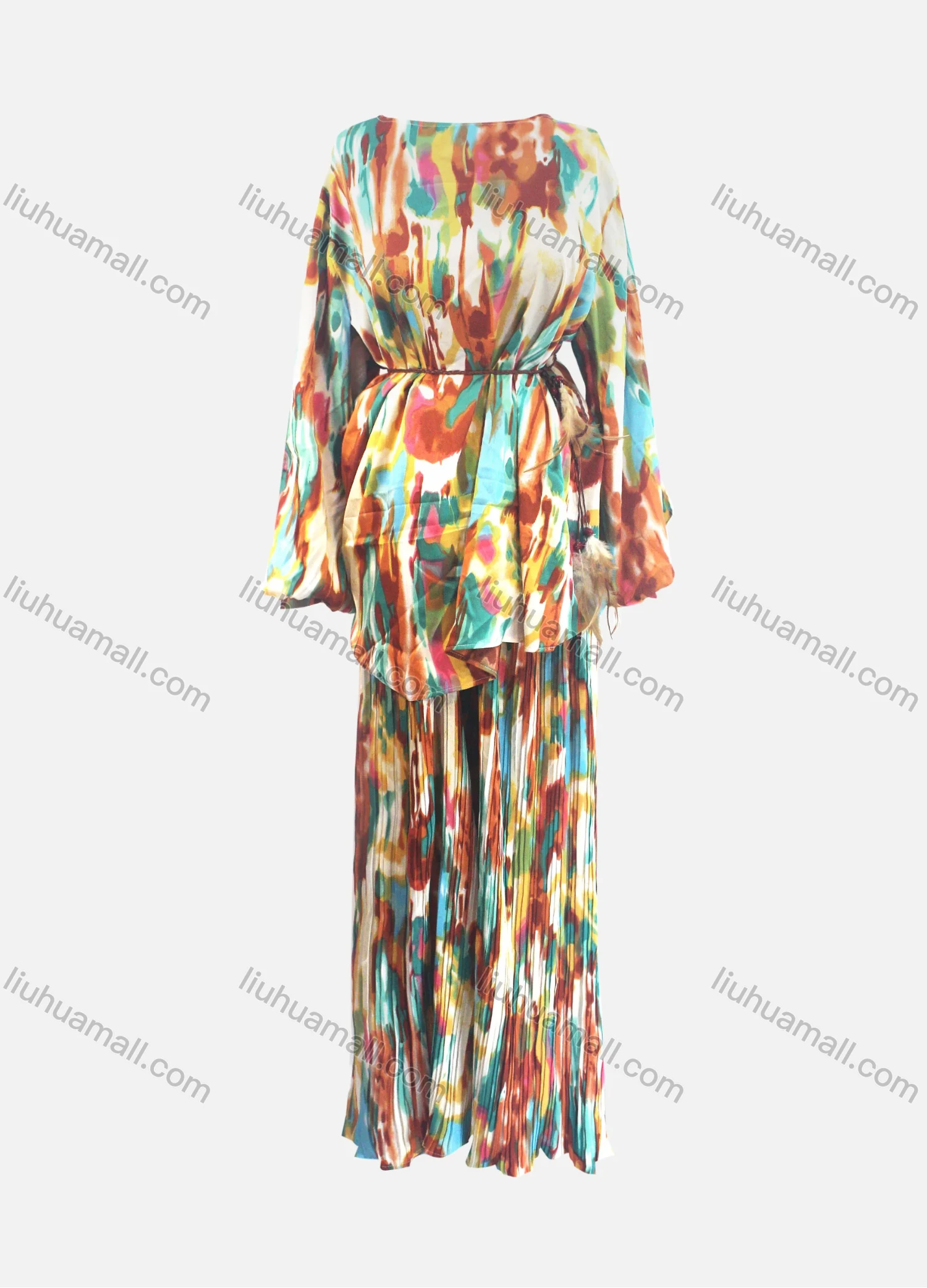 Wholesale Women's Fashion Loose Fit Lantern Sleeve Abstract Shirt & Pleated Maxi Skirt Two Piece Set - Liuhuamall