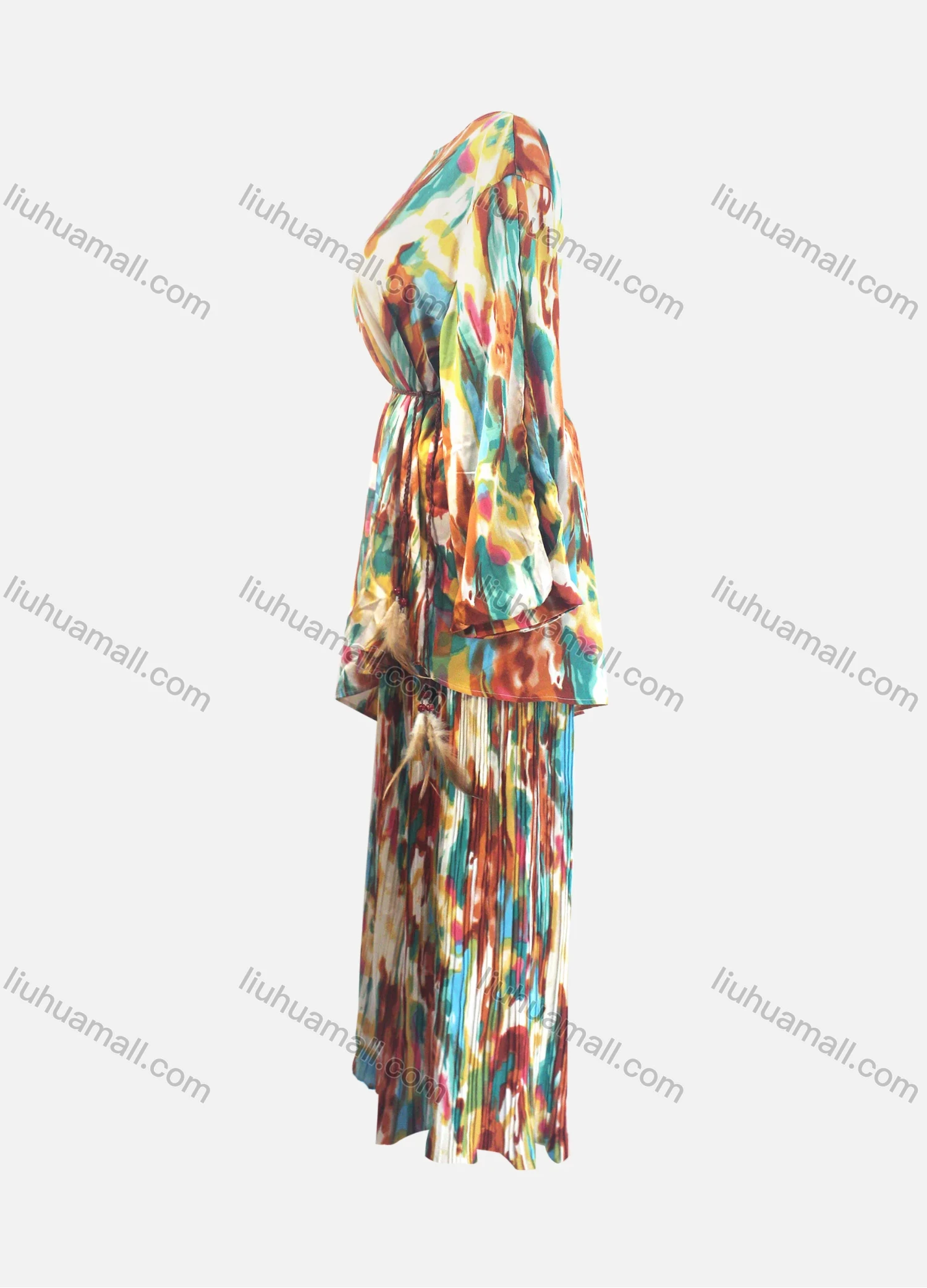 Wholesale Women's Fashion Loose Fit Lantern Sleeve Abstract Shirt & Pleated Maxi Skirt Two Piece Set - Liuhuamall