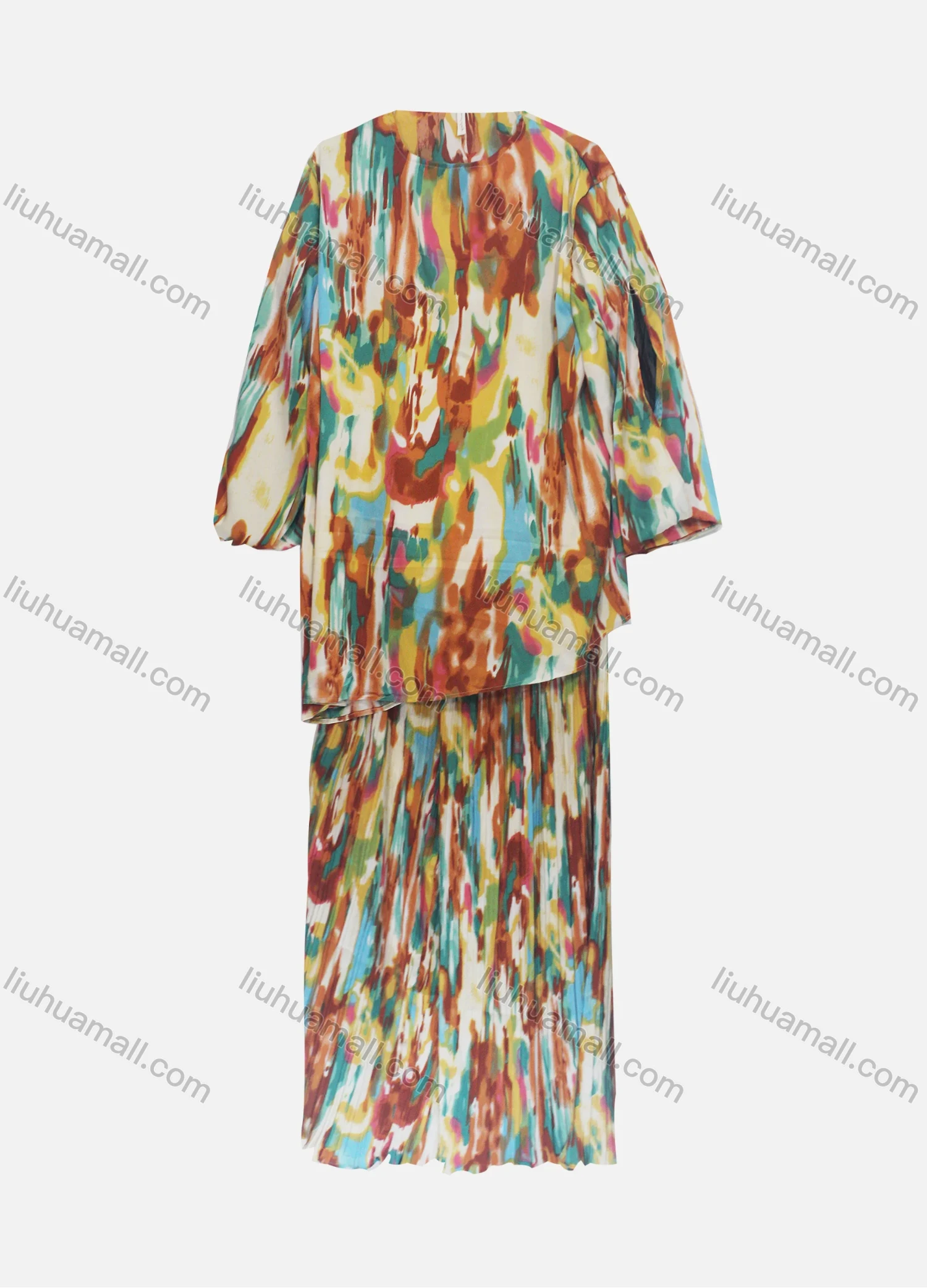 Wholesale Women's Fashion Loose Fit Lantern Sleeve Abstract Shirt & Pleated Maxi Skirt Two Piece Set - Liuhuamall