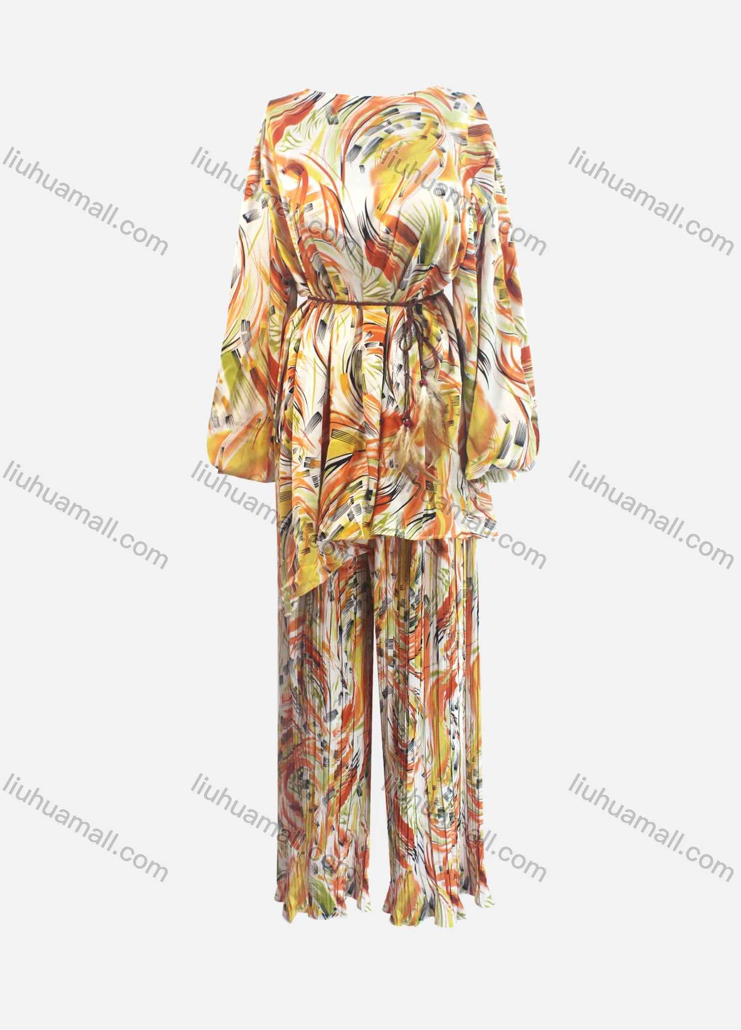 Wholesale Women's Casual Loose Fit Lantern Sleeve Abstract Shirt & Pleated Maxi Skirt Two Piece Set - Liuhuamall