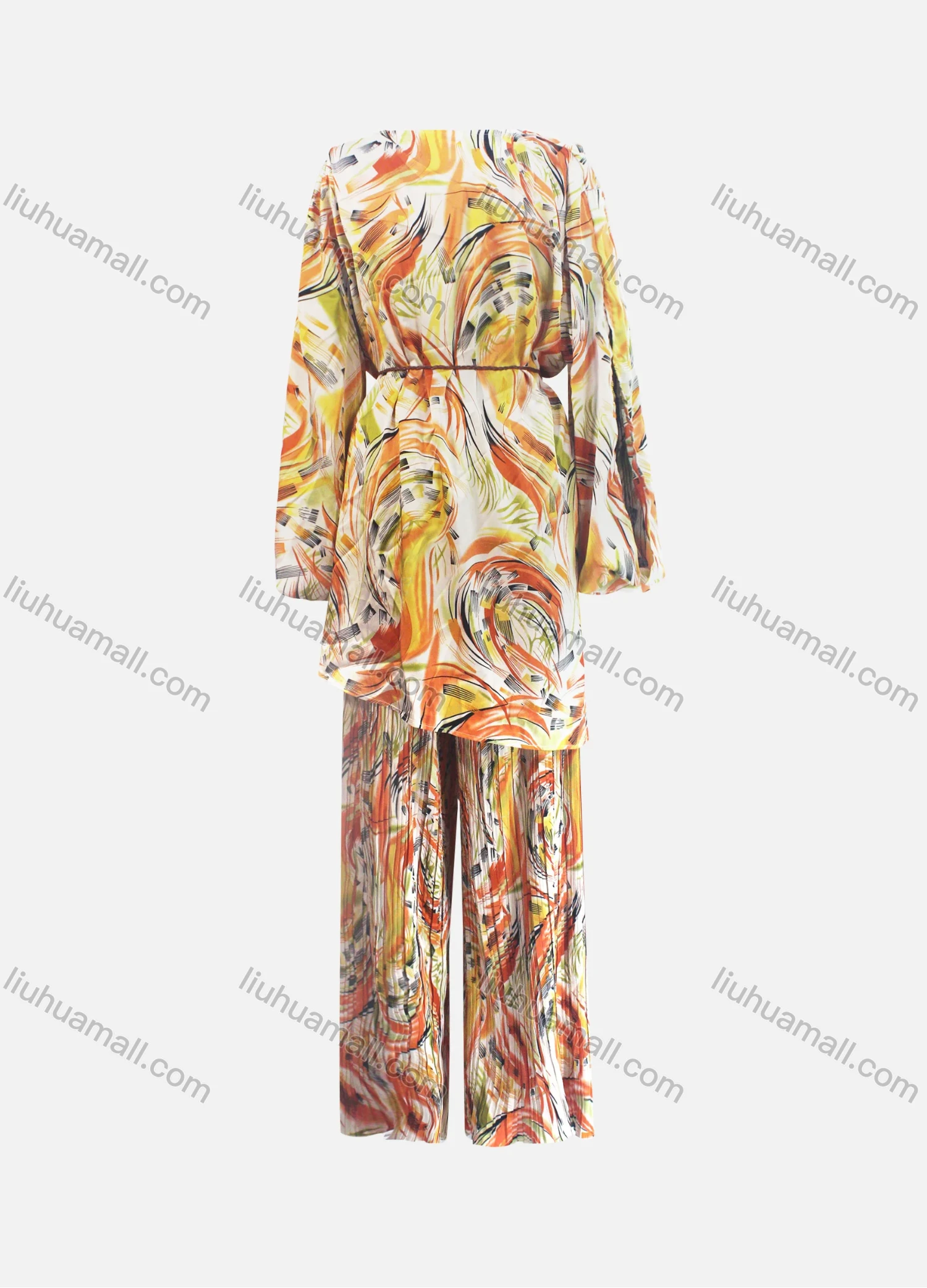 Wholesale Women's Casual Loose Fit Lantern Sleeve Abstract Shirt & Pleated Maxi Skirt Two Piece Set - Liuhuamall