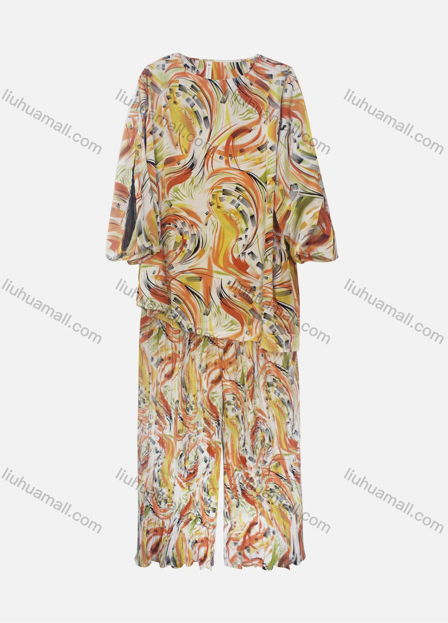 Wholesale Women's Casual Loose Fit Lantern Sleeve Abstract Shirt & Pleated Maxi Skirt Two Piece Set - Liuhuamall