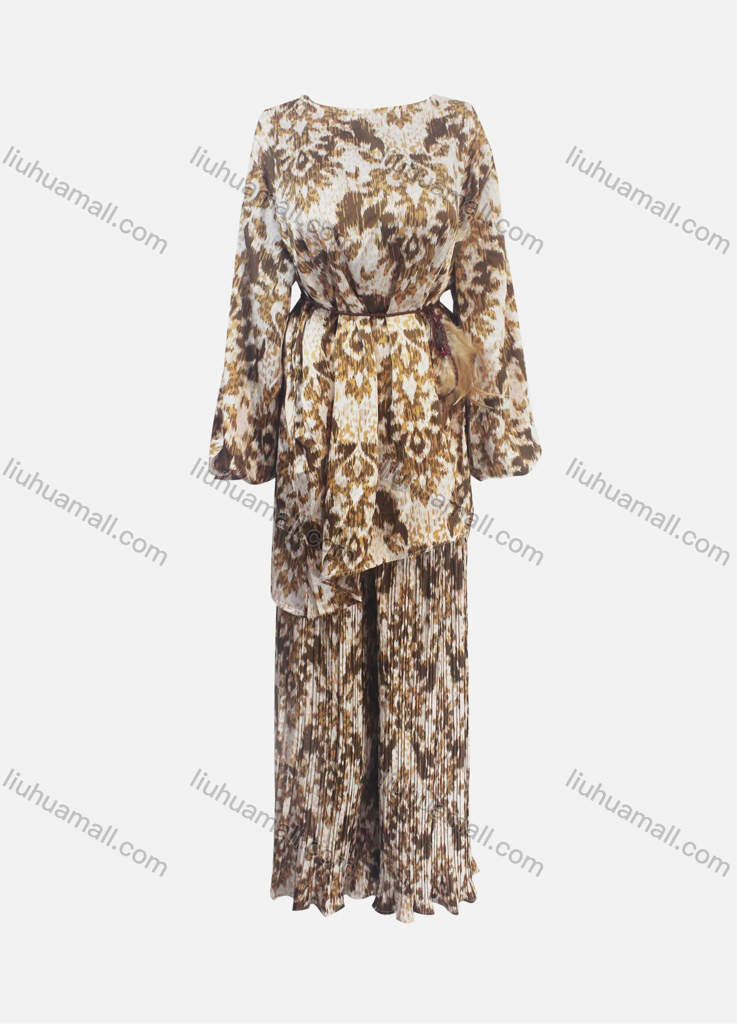 Wholesale Women's Casual Loose Fit Lantern Sleeve Abstract Shirt & Pleated Maxi Skirt Two Piece Set - Liuhuamall