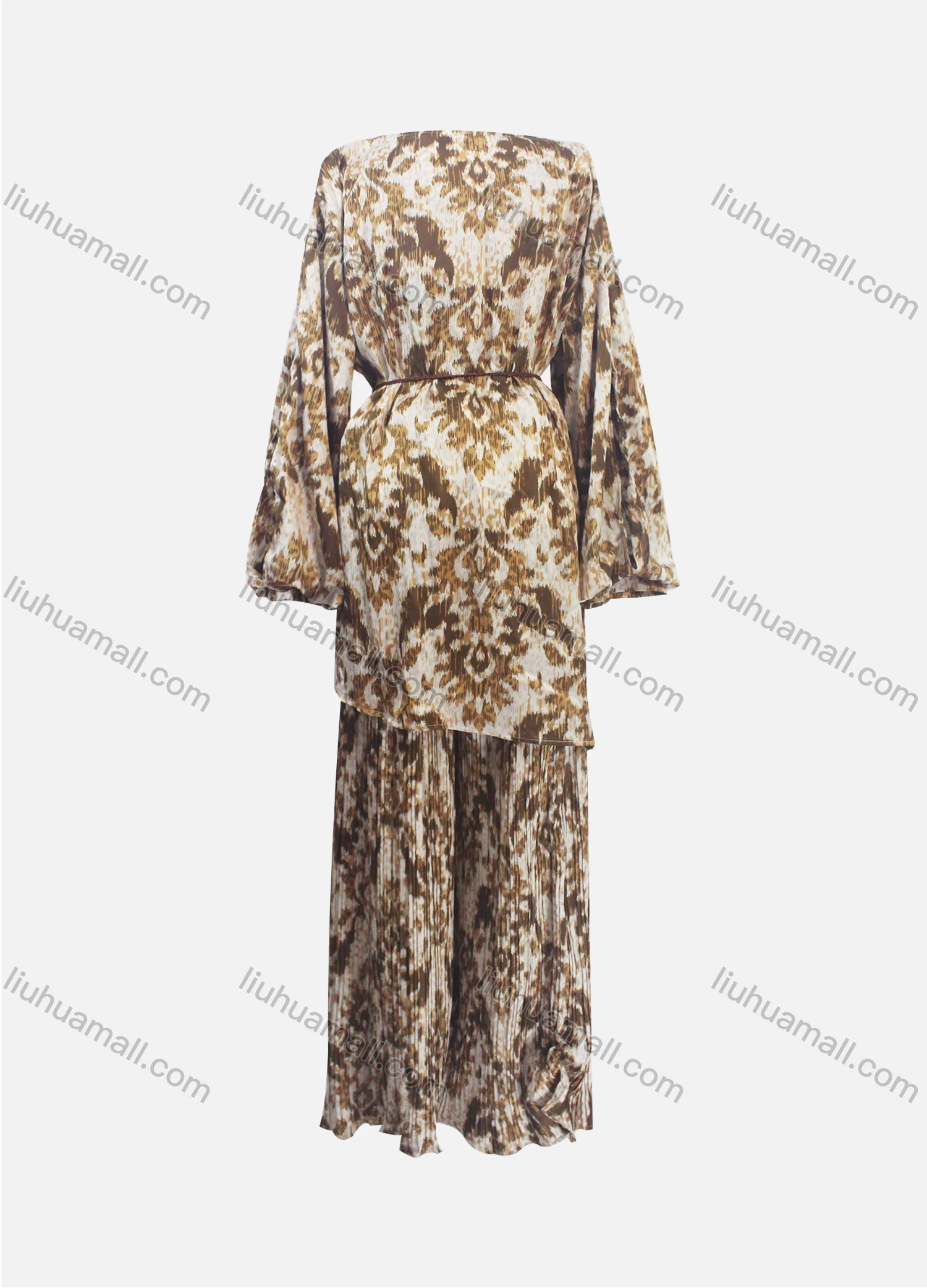 Wholesale Women's Casual Loose Fit Lantern Sleeve Abstract Shirt & Pleated Maxi Skirt Two Piece Set - Liuhuamall