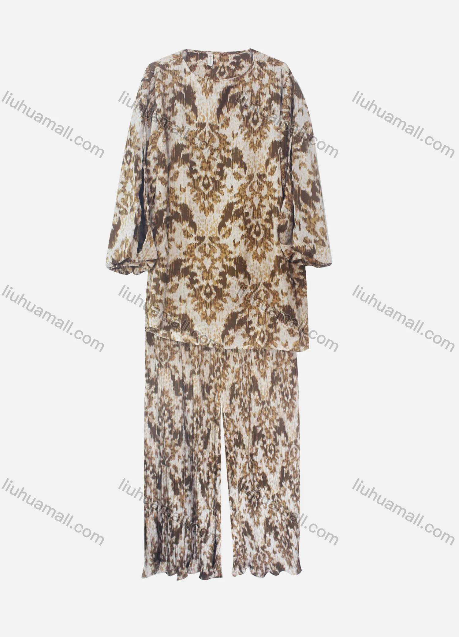 Wholesale Women's Casual Loose Fit Lantern Sleeve Abstract Shirt & Pleated Maxi Skirt Two Piece Set - Liuhuamall