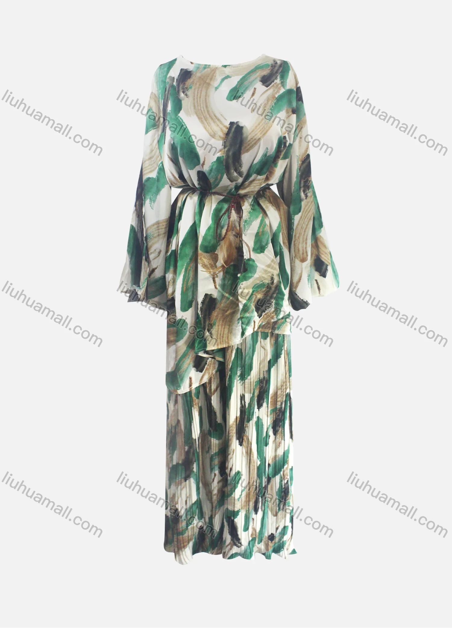 Wholesale Women's Casual Loose Fit Lantern Sleeve Abstract Shirt & Pleated Maxi Skirt Two Piece Set - Liuhuamall