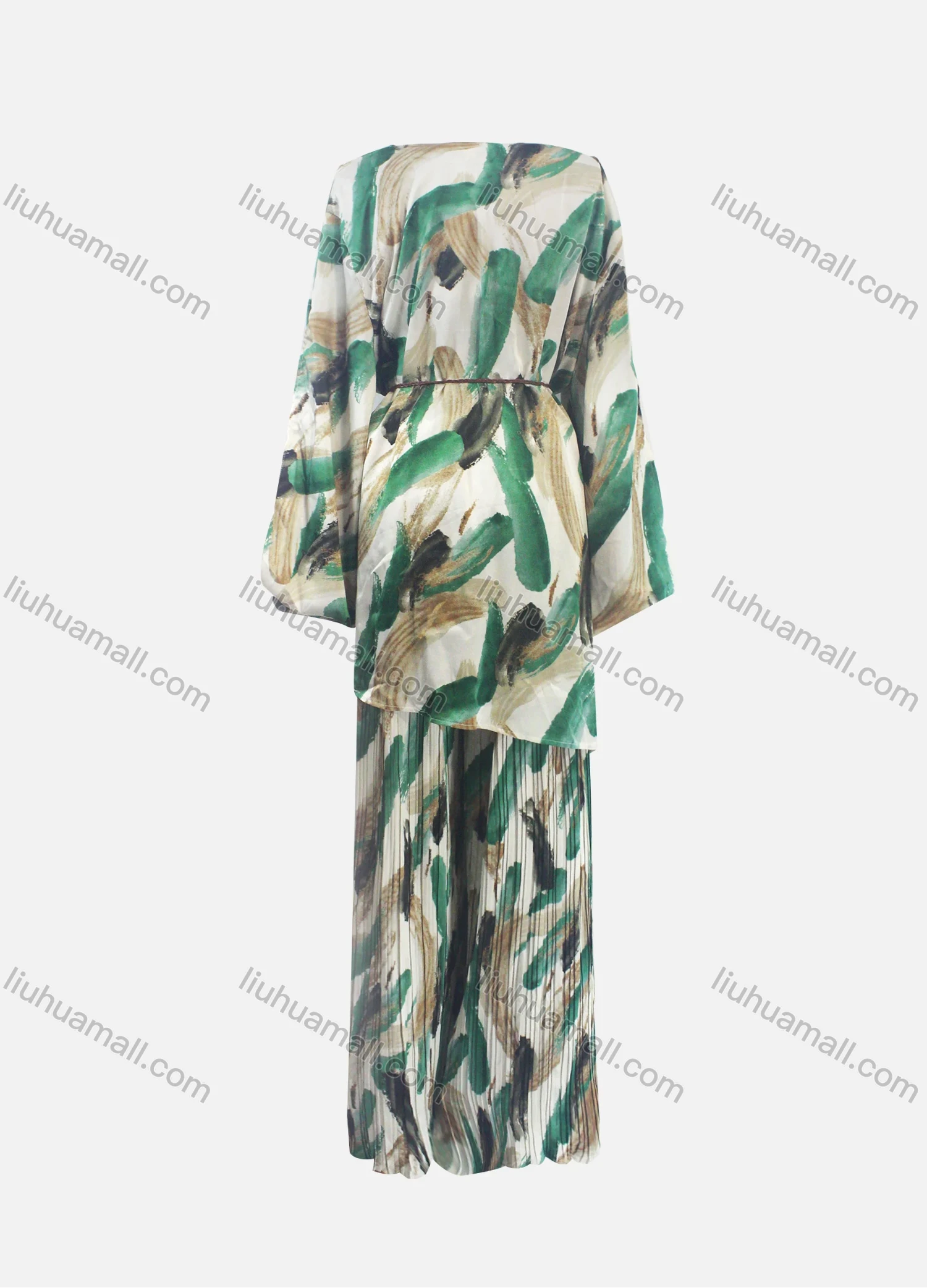 Wholesale Women's Casual Loose Fit Lantern Sleeve Abstract Shirt & Pleated Maxi Skirt Two Piece Set - Liuhuamall