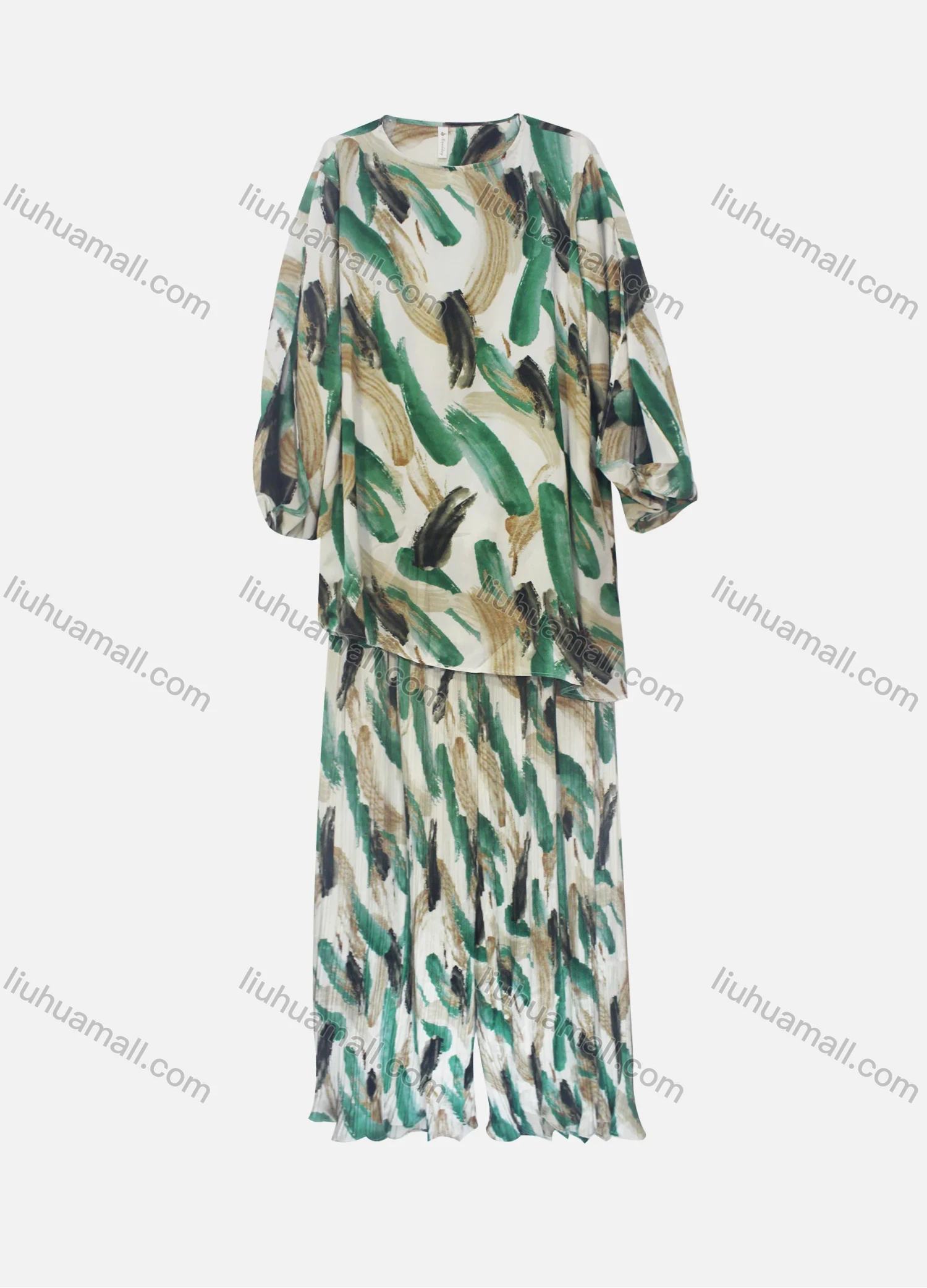 Wholesale Women's Casual Loose Fit Lantern Sleeve Abstract Shirt & Pleated Maxi Skirt Two Piece Set - Liuhuamall