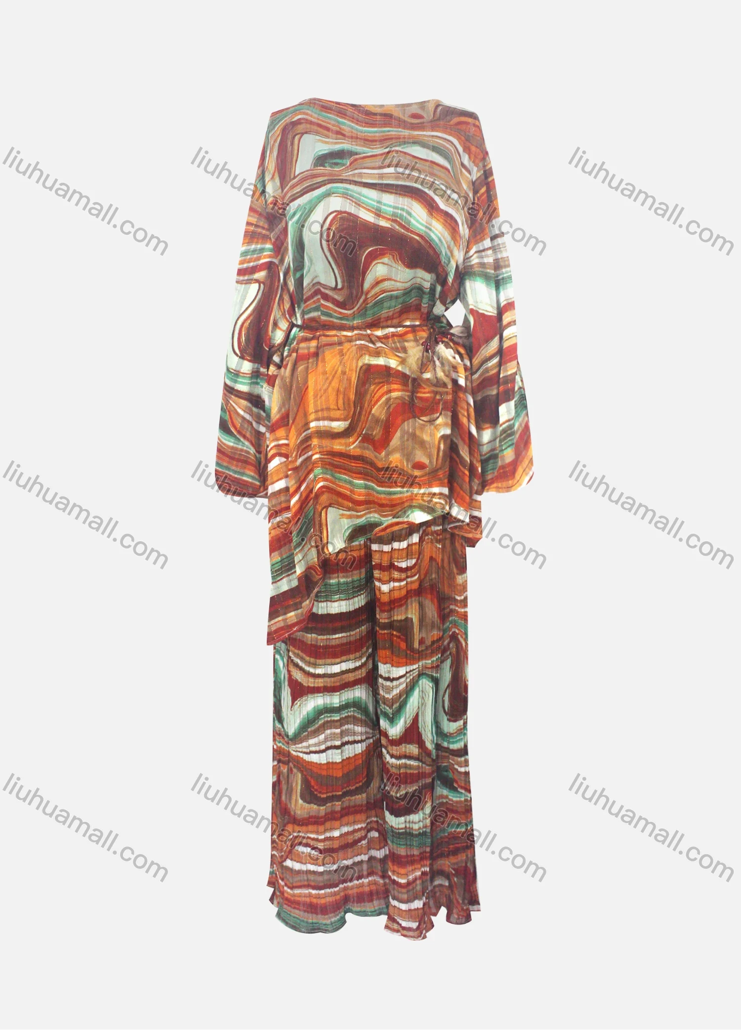 Wholesale Women's Casual Loose Fit Lantern Sleeve Abstract Shirt & Pleated Maxi Skirt Two Piece Set - Liuhuamall