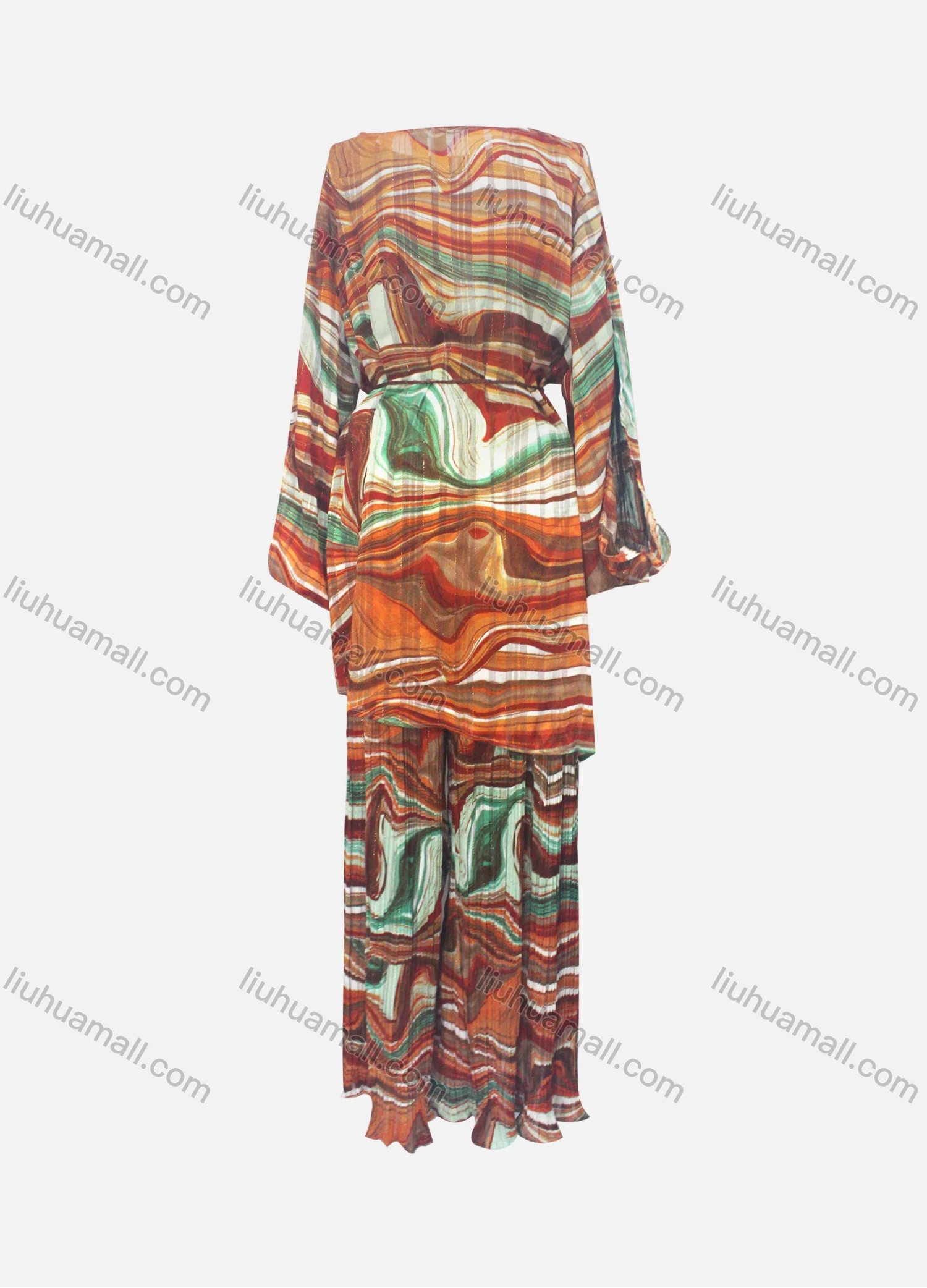 Wholesale Women's Casual Loose Fit Lantern Sleeve Abstract Shirt & Pleated Maxi Skirt Two Piece Set - Liuhuamall