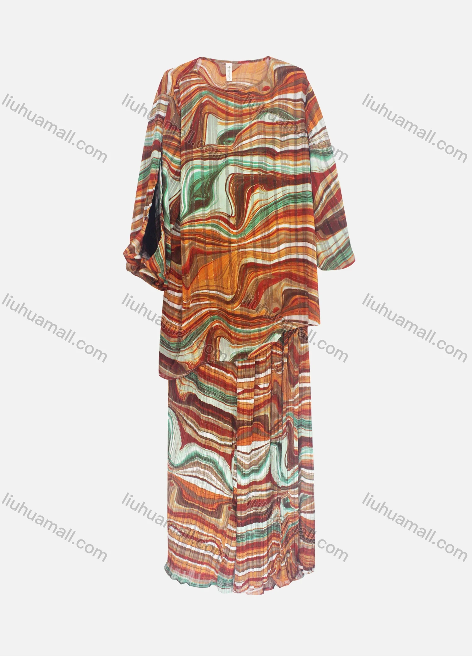 Wholesale Women's Casual Loose Fit Lantern Sleeve Abstract Shirt & Pleated Maxi Skirt Two Piece Set - Liuhuamall