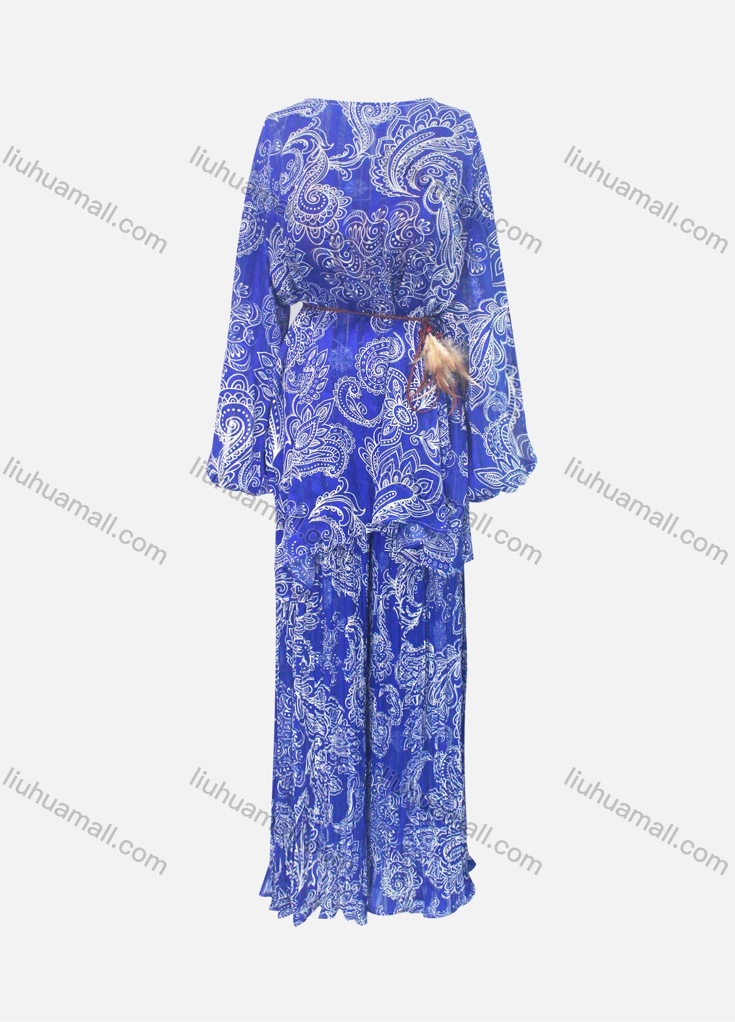 Wholesale Women's Casual Loose Fit Lantern Sleeve Abstract Shirt & Pleated Maxi Skirt Two Piece Set - Liuhuamall