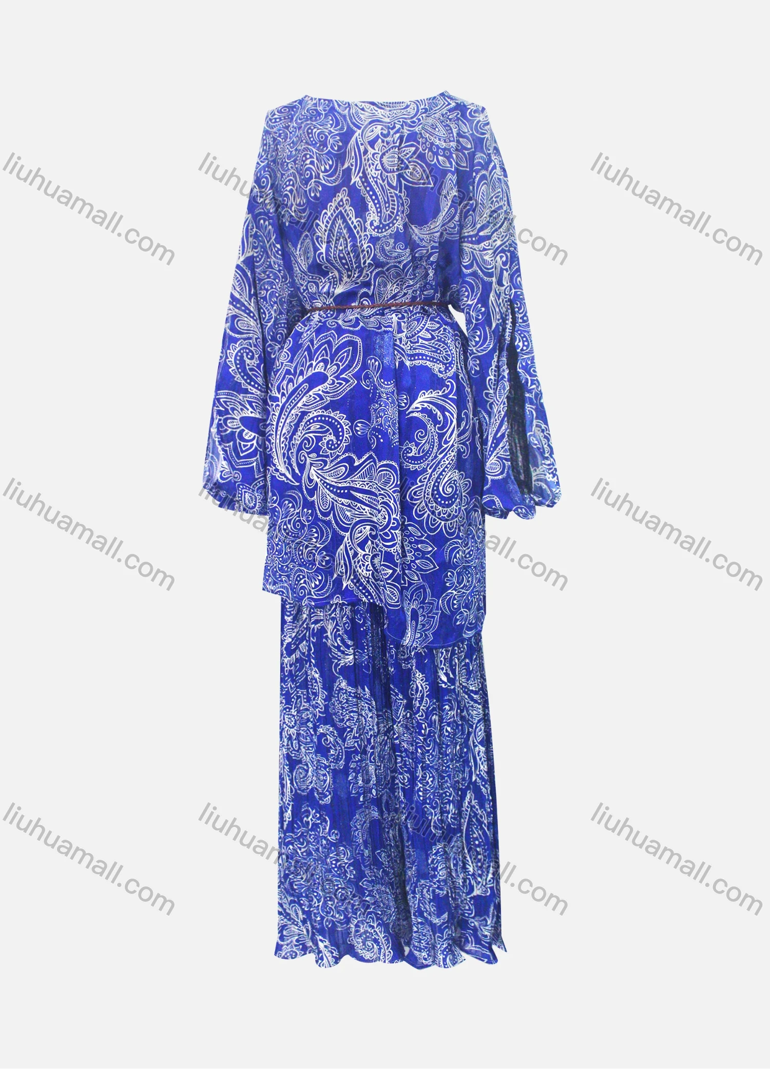 Wholesale Women's Casual Loose Fit Lantern Sleeve Abstract Shirt & Pleated Maxi Skirt Two Piece Set - Liuhuamall