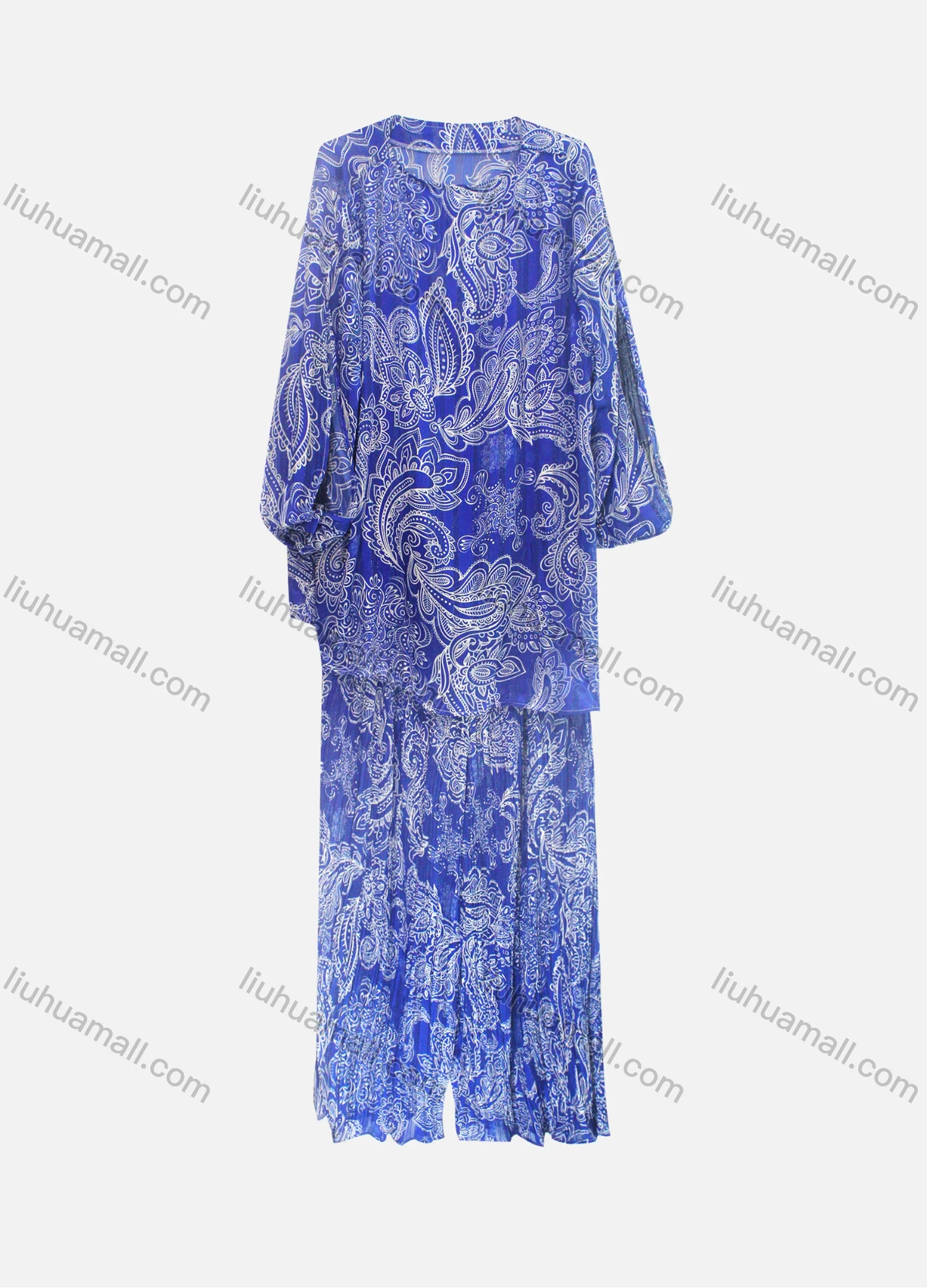 Wholesale Women's Casual Loose Fit Lantern Sleeve Abstract Shirt & Pleated Maxi Skirt Two Piece Set - Liuhuamall