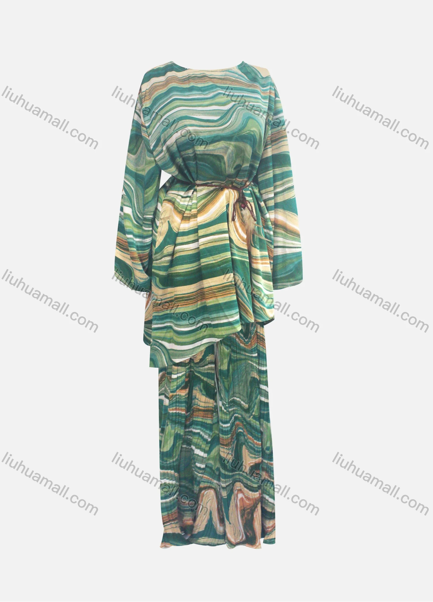 Wholesale Women's Casual Loose Fit Lantern Sleeve Abstract Shirt & Pleated Maxi Skirt Two Piece Set - Liuhuamall