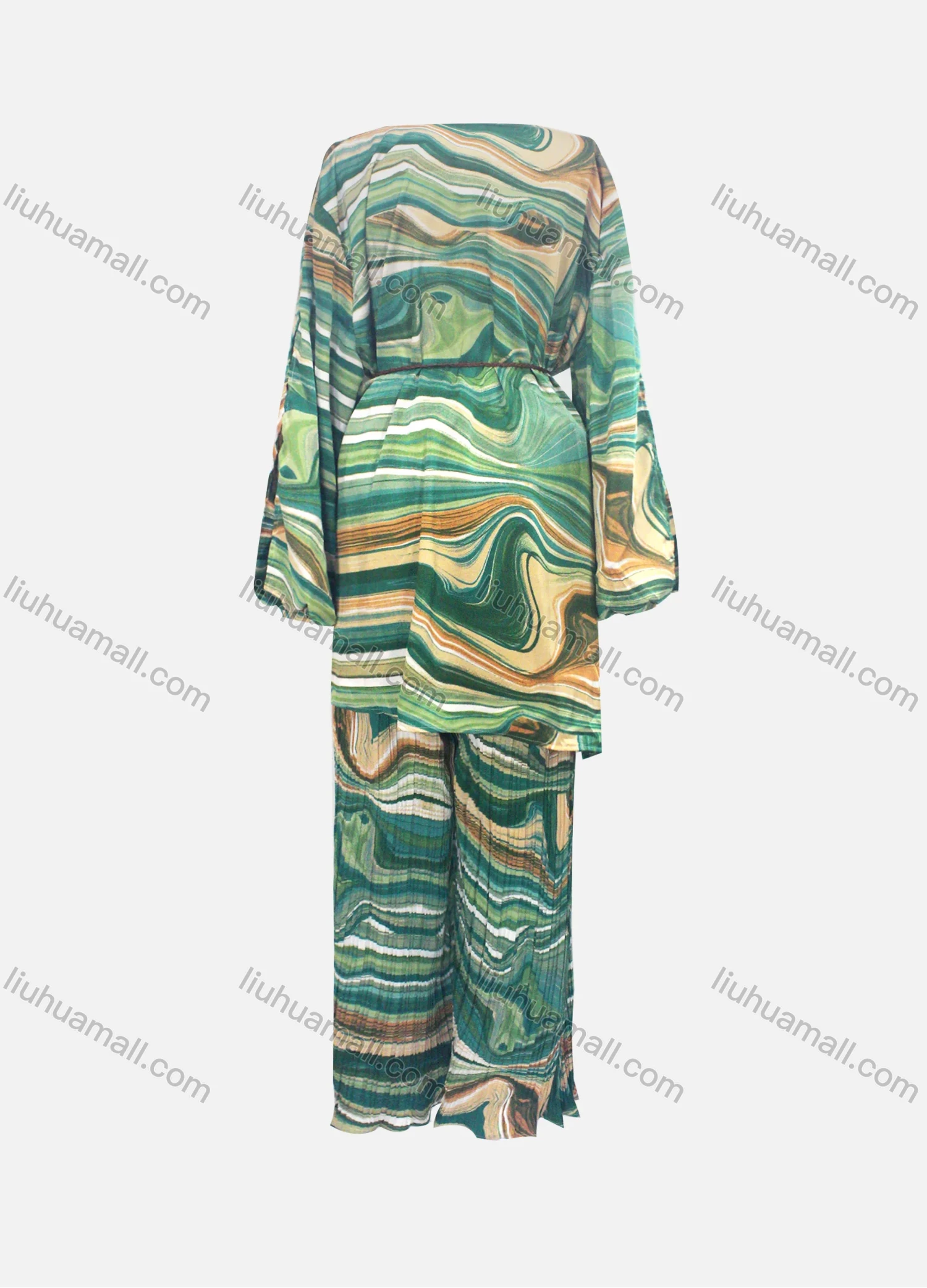 Wholesale Women's Casual Loose Fit Lantern Sleeve Abstract Shirt & Pleated Maxi Skirt Two Piece Set - Liuhuamall