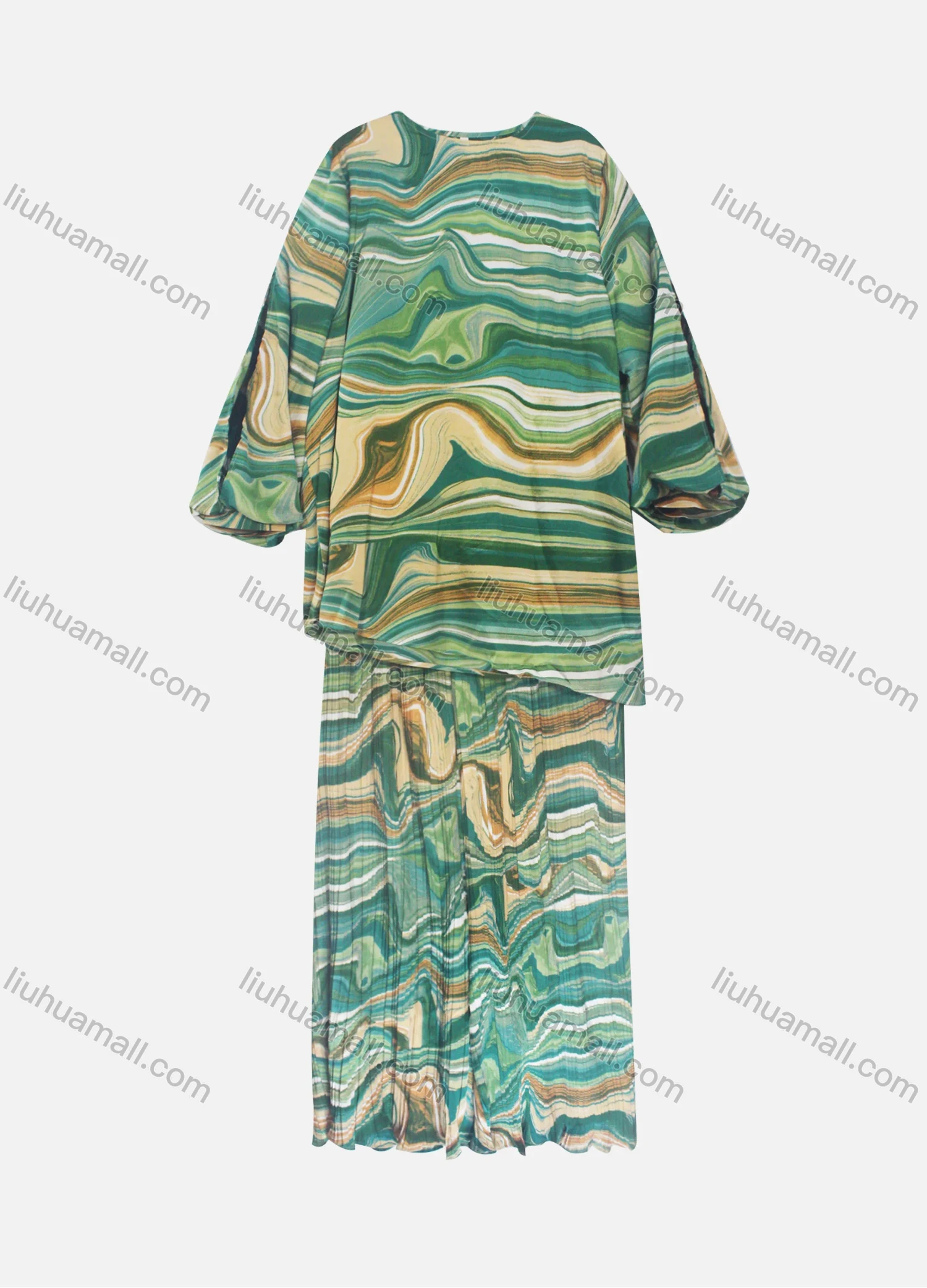 Wholesale Women's Casual Loose Fit Lantern Sleeve Abstract Shirt & Pleated Maxi Skirt Two Piece Set - Liuhuamall