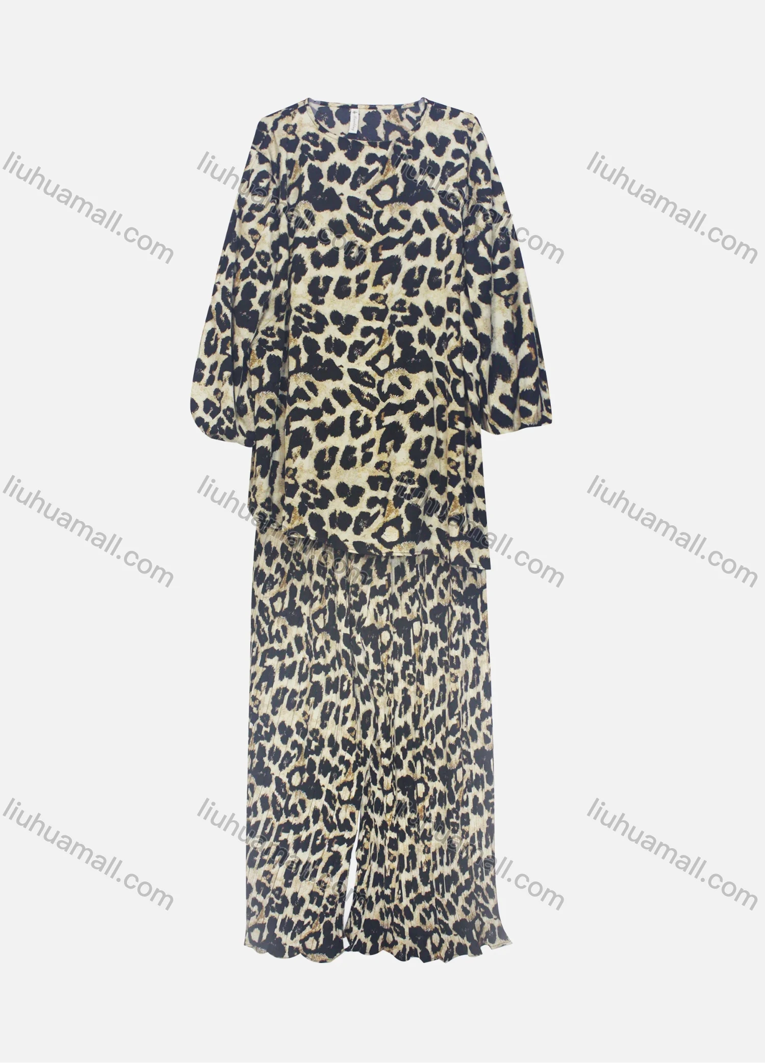 Wholesale Women's Casual Loose Fit Lantern Sleeve Leopard Print Shirt & Pleated Maxi Skirt Two Piece Set - Liuhuamall