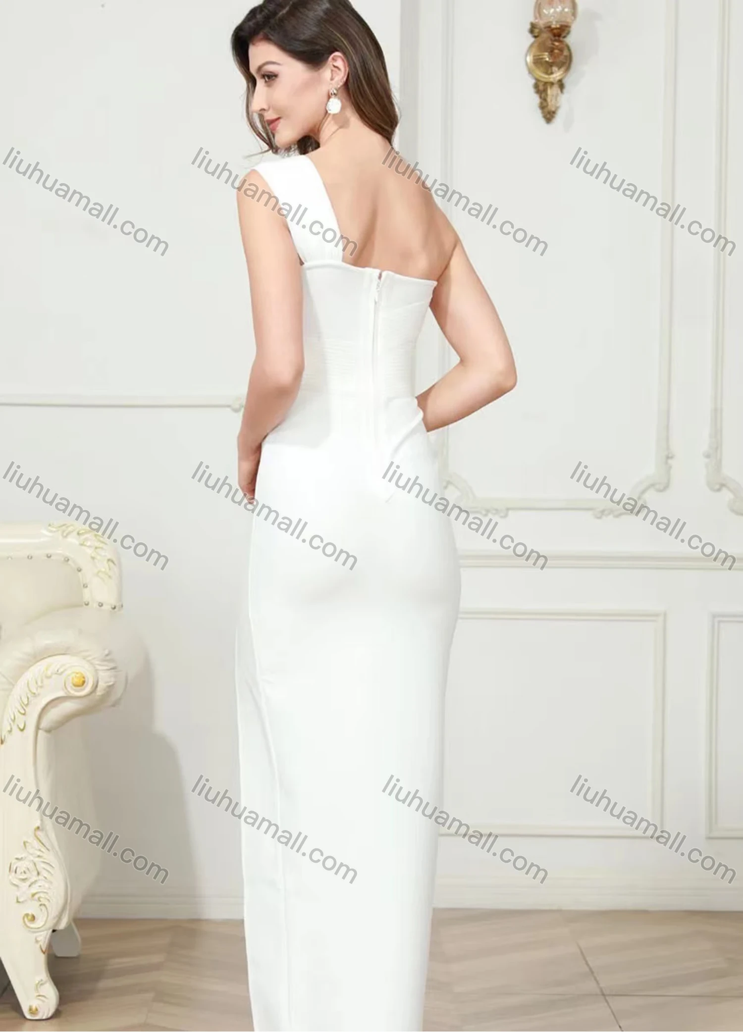 Wholesale Woomen's Elegant Plian One Shoulder Split Thign Maxi Evening Dress - Liuhuamall