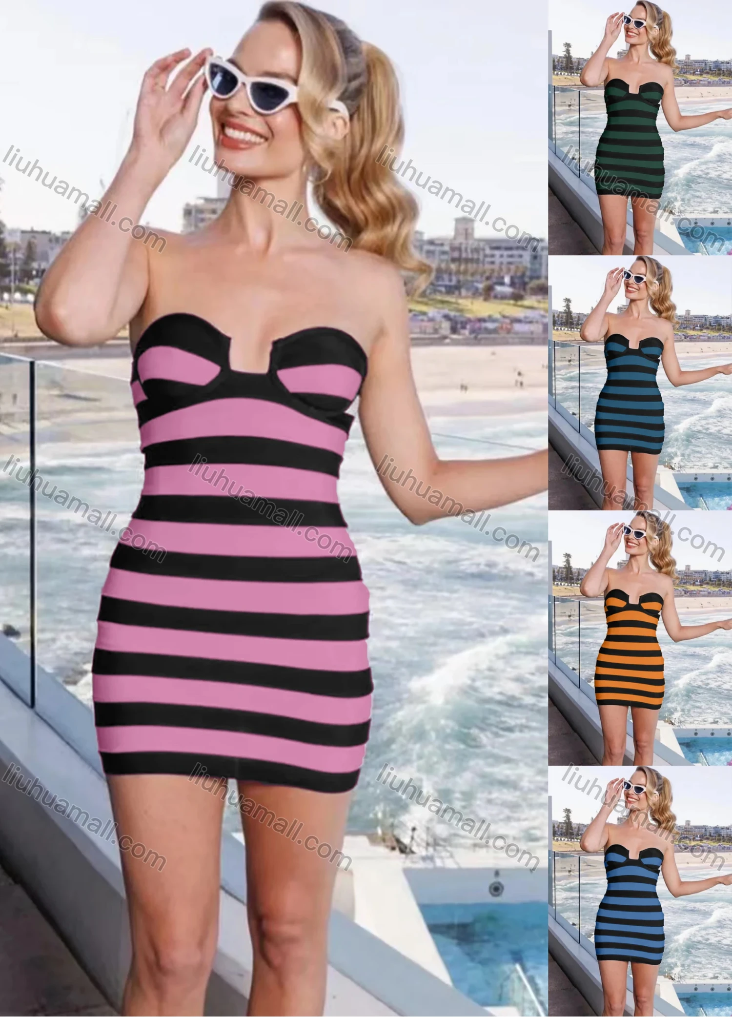 Wholesale Women's Sexy Slim Fit Off Shoulder Striped Mini Dress - Liuhuamall