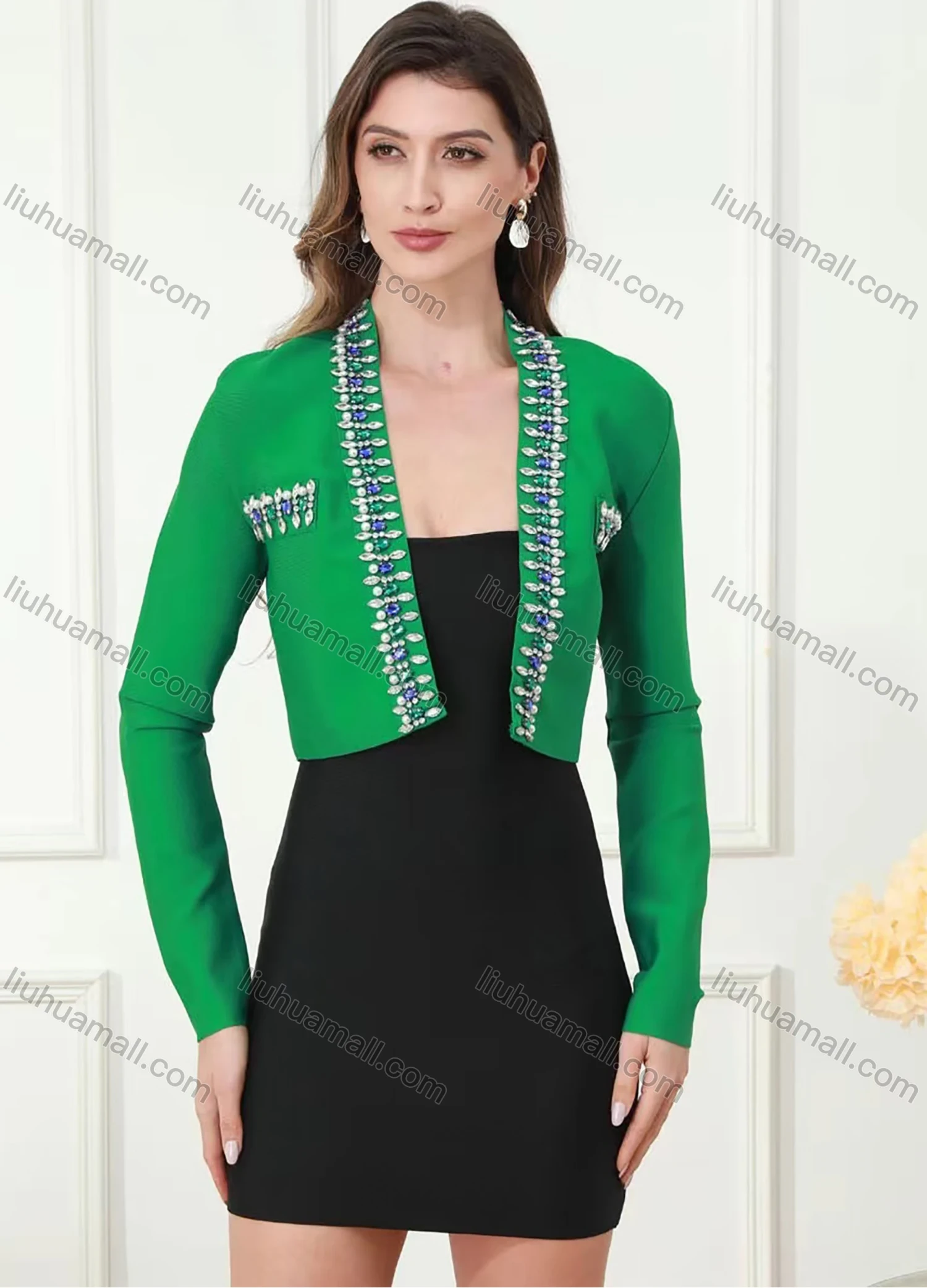 Wholesale Women's Casual Rhinestone Long Sleeve Crop Cardigan - Liuhuamall