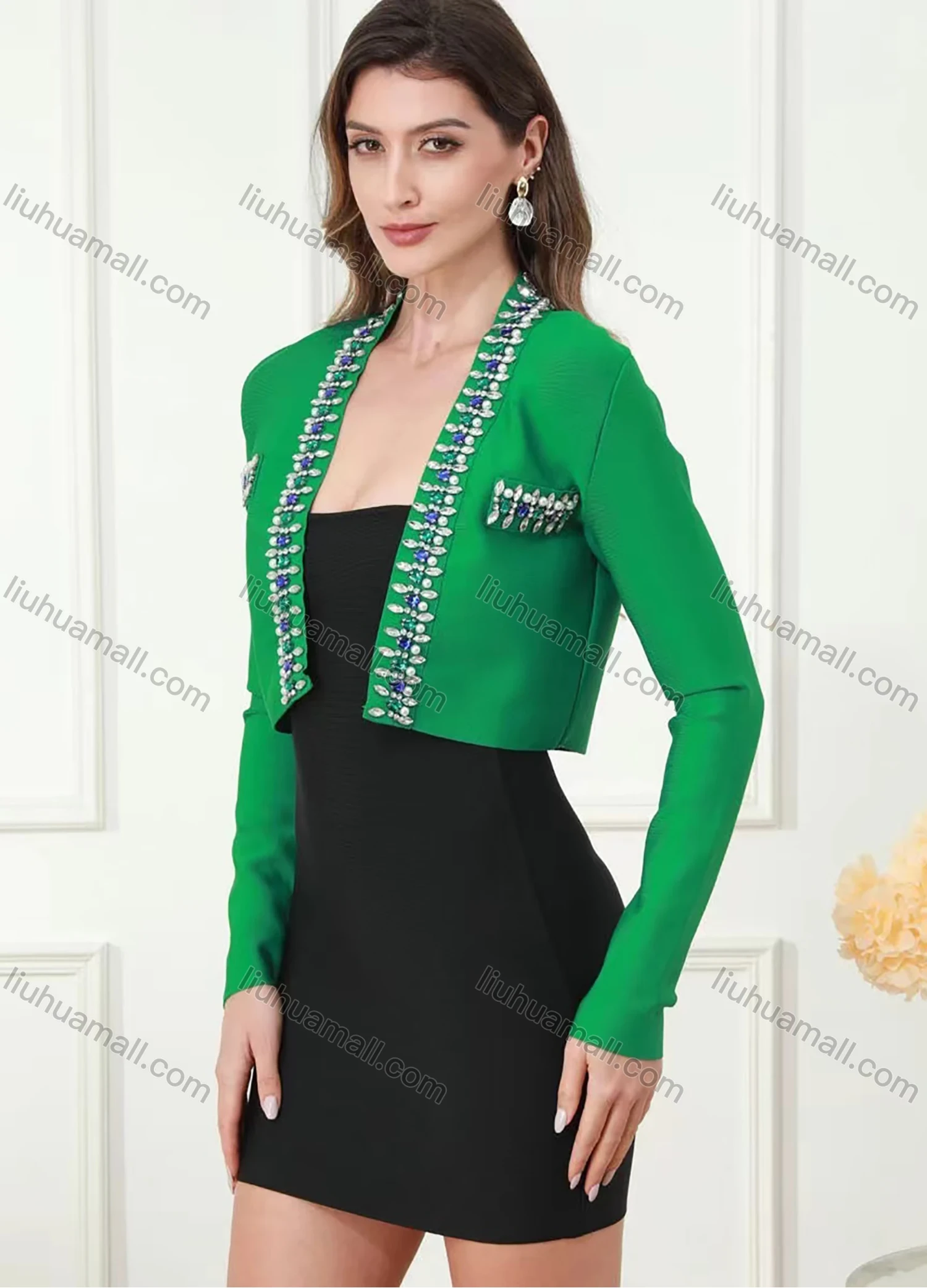 Wholesale Women's Casual Rhinestone Long Sleeve Crop Cardigan - Liuhuamall