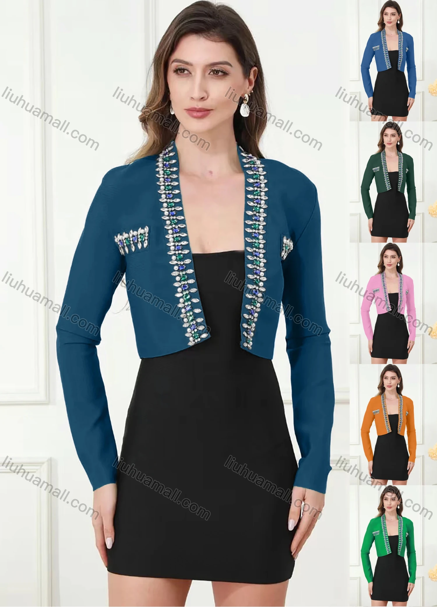 Wholesale Women's Casual Rhinestone Long Sleeve Crop Cardigan - Liuhuamall