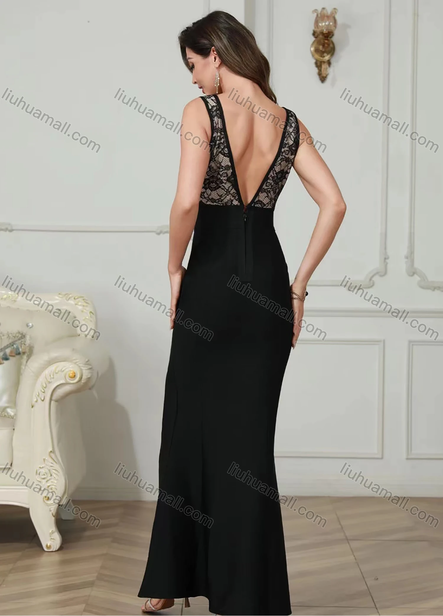 Wholesale Women's Elegant Plunge Neck Split Thign Eyelash Lace Maxi Evening Dress - Liuhuamall
