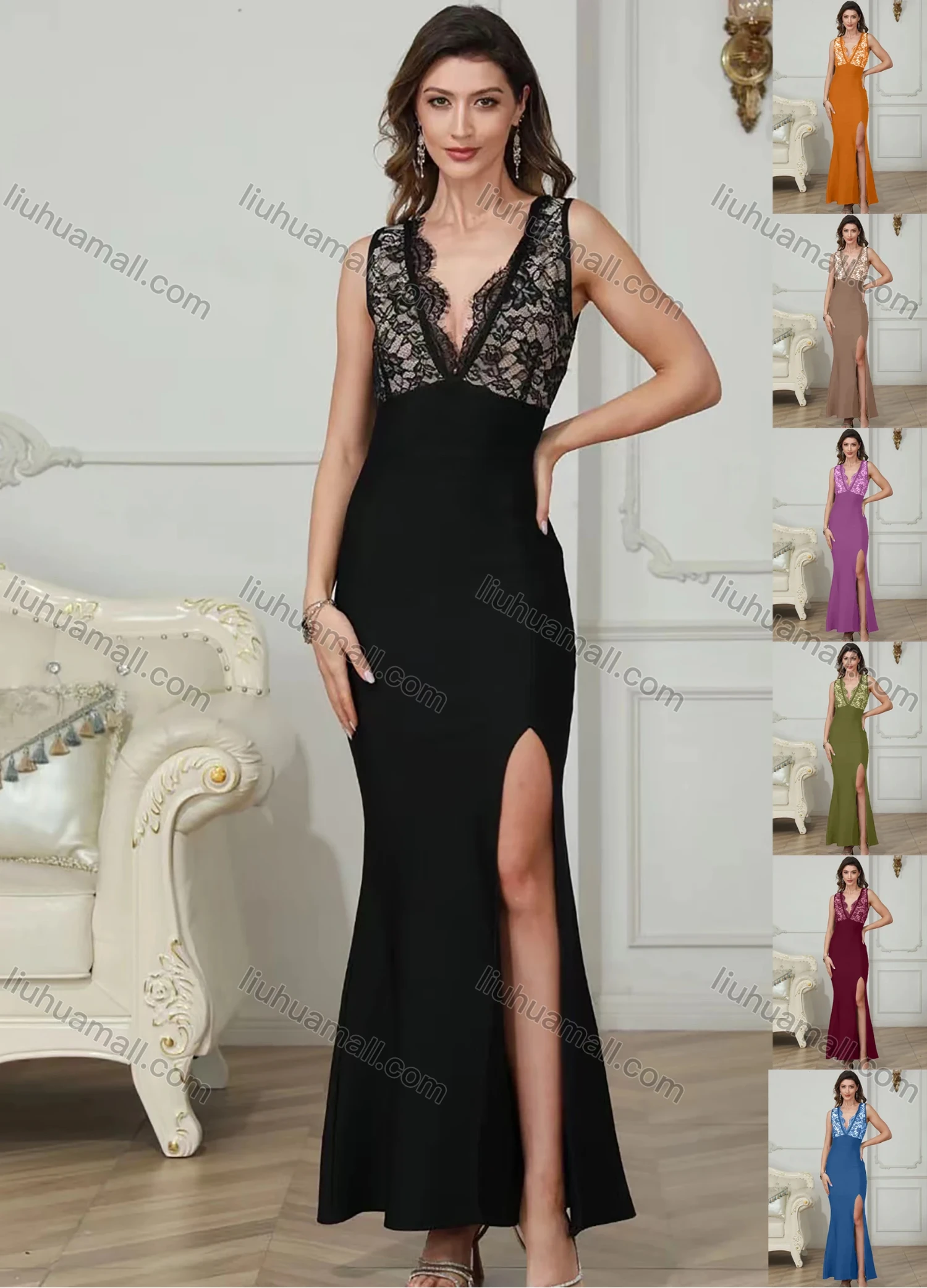 Wholesale Women's Elegant Plunge Neck Split Thign Eyelash Lace Maxi Evening Dress - Liuhuamall