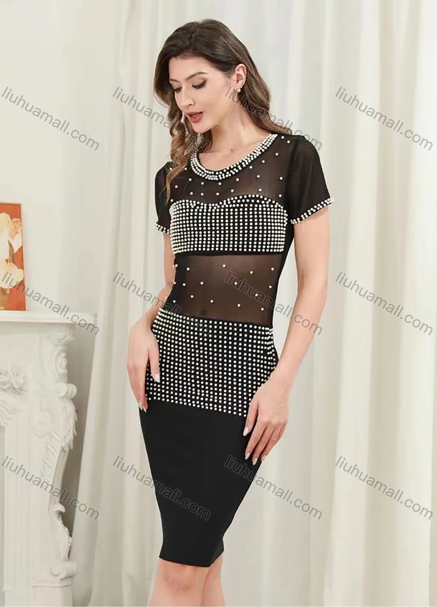 Wholesale Women's Sexy Crew Neck Short Sleeve Semi-Sheer Pearl Decor Short Dress - Liuhuamall