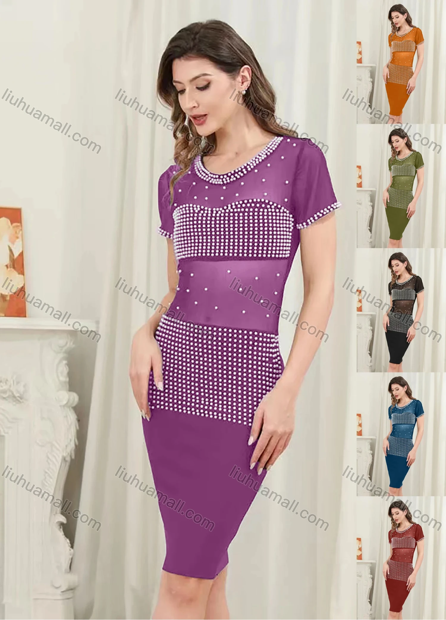 Wholesale Women's Sexy Crew Neck Short Sleeve Semi-Sheer Pearl Decor Short Dress - Liuhuamall