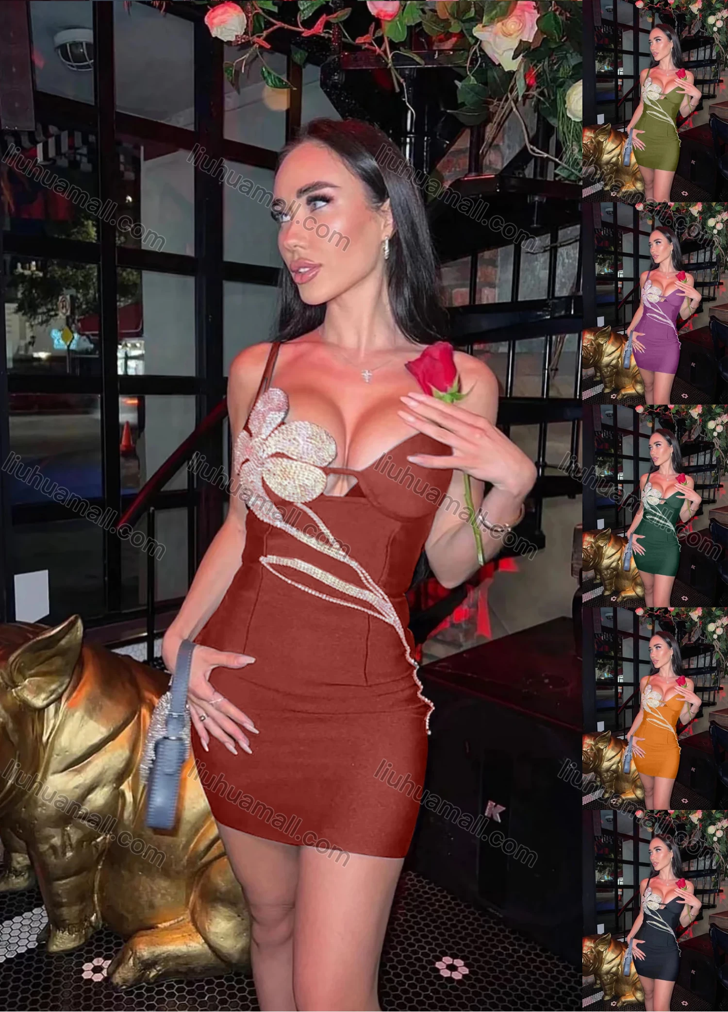 Wholesale Women's Sexy Spaghetti Strap 3D Floral Rhinestone Mini Cami Dress - Liuhuamall