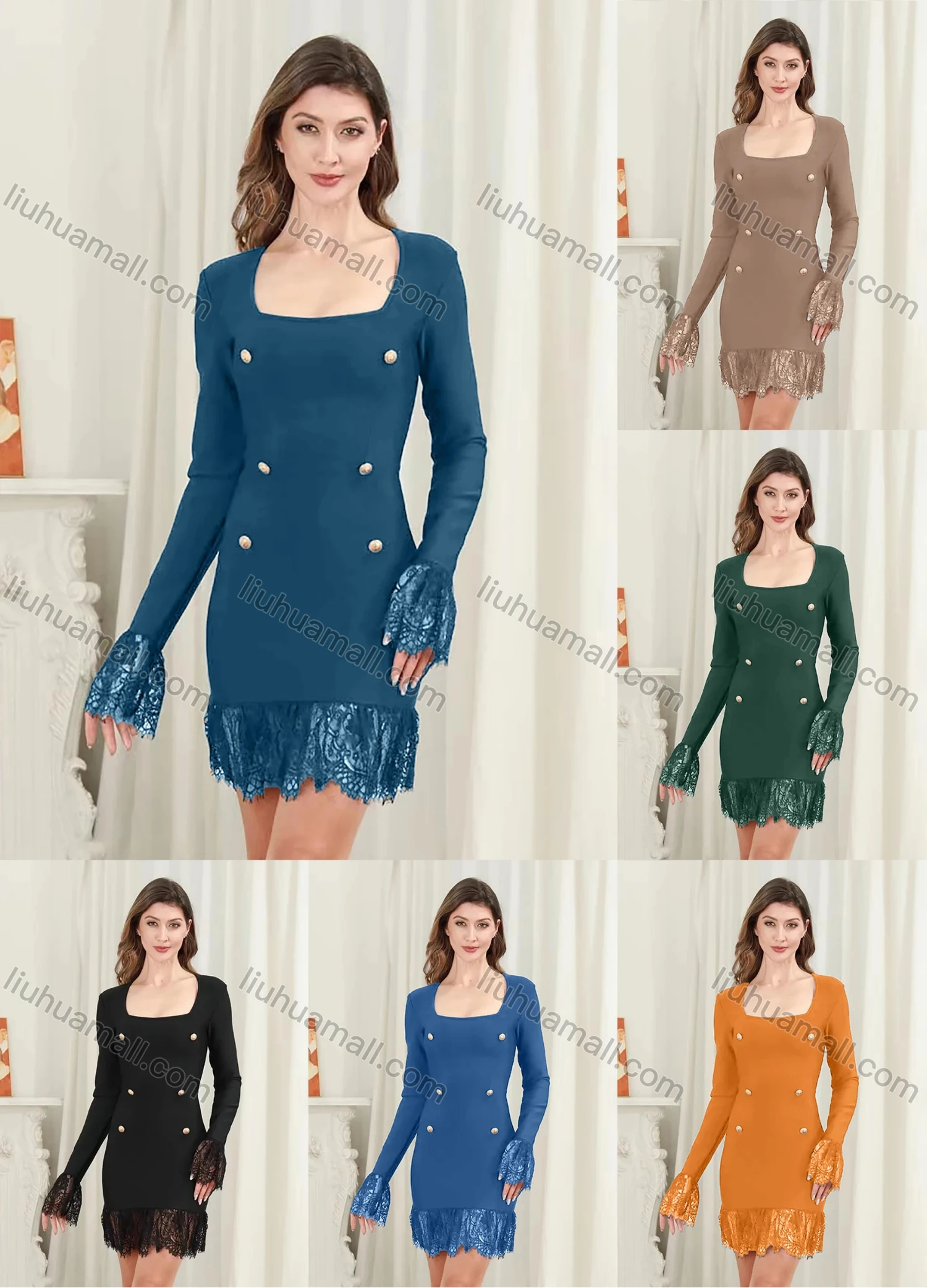 Wholesale Women's Casual Long Sleeve Square Neck Lace Trim Button Decor Short Dress - Liuhuamall