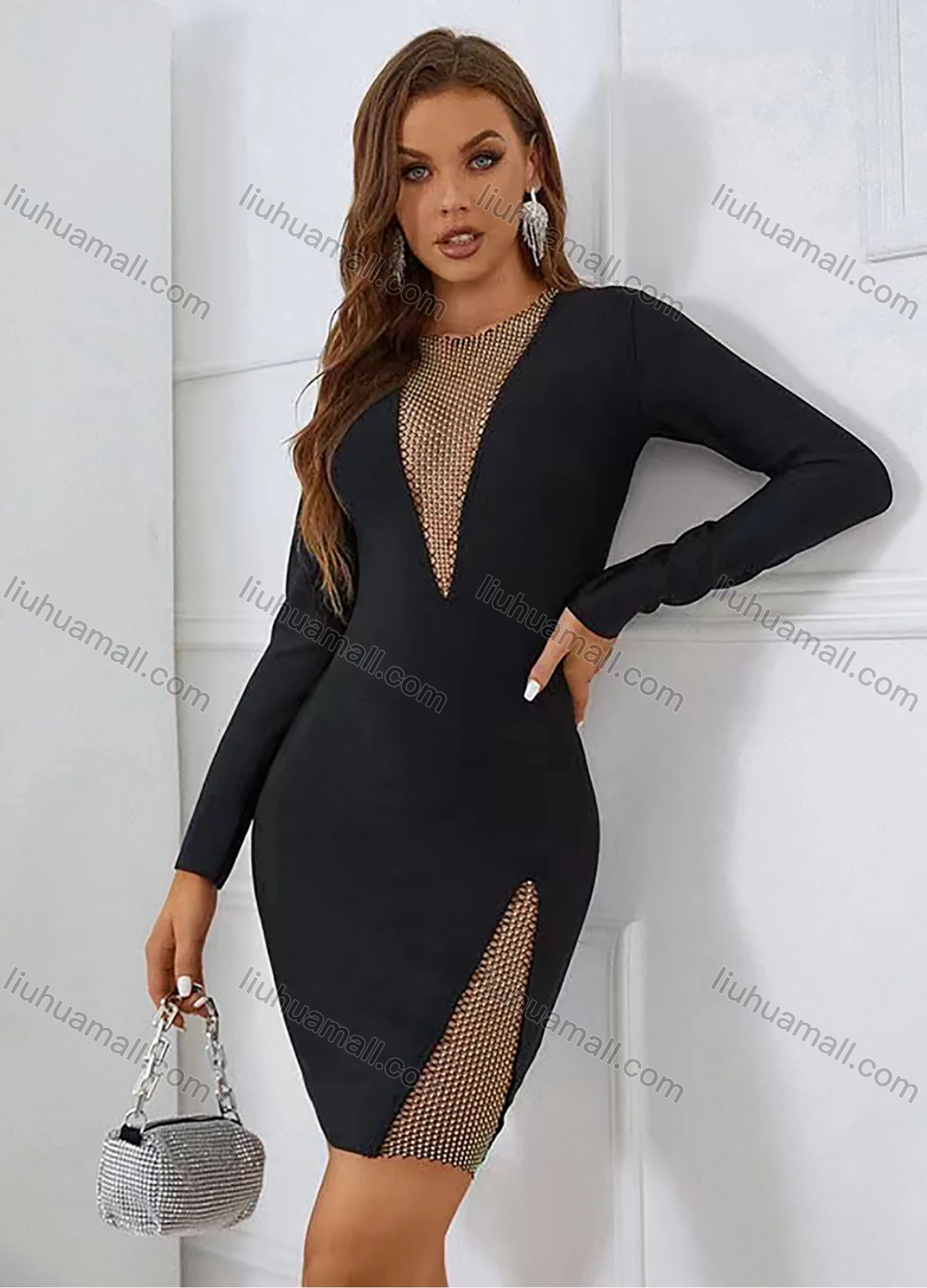 Wholesale Women's Sexy Crew Neck Long Sleeve Mesh Bodycon Short Dress - Liuhuamall