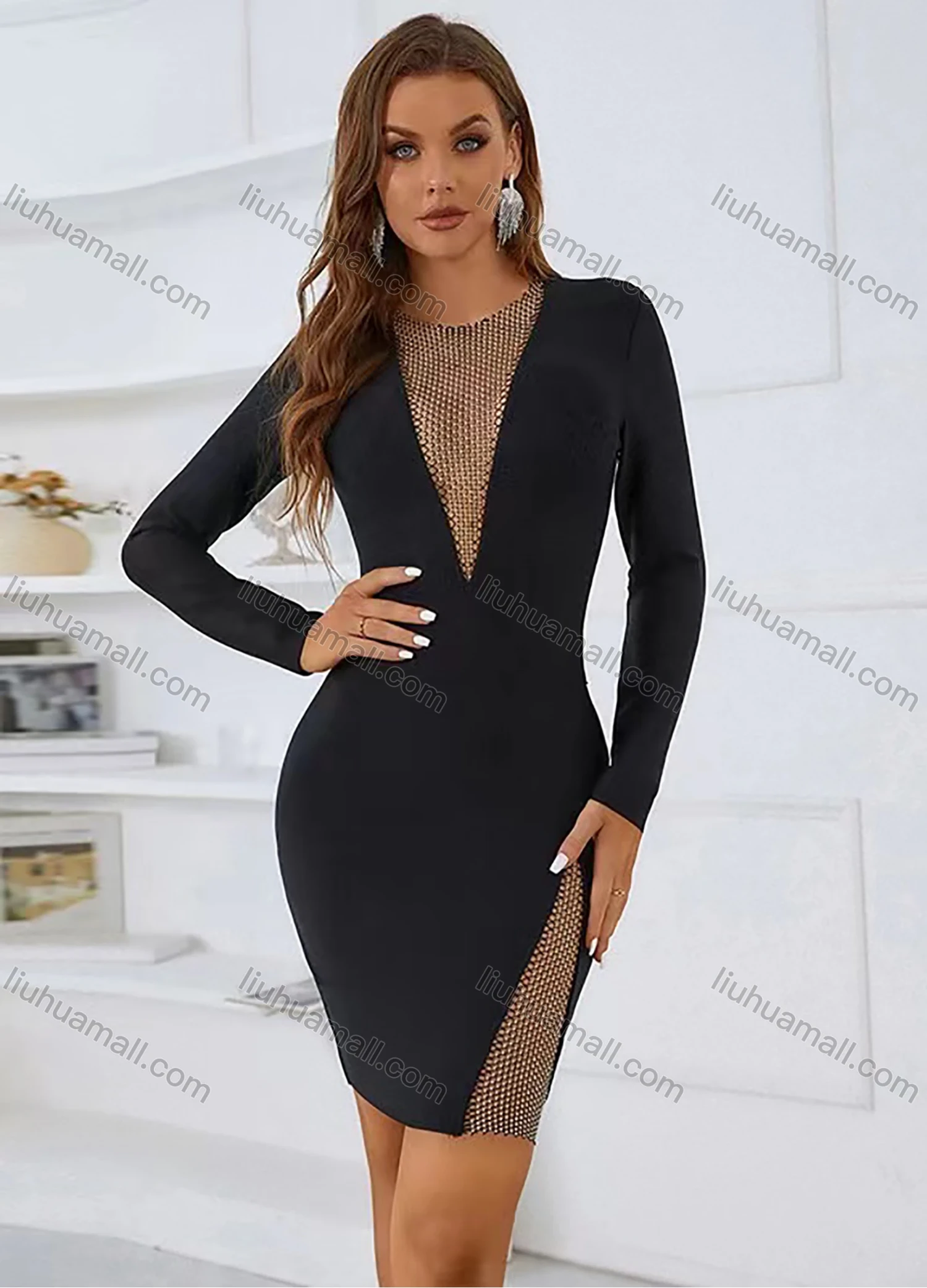 Wholesale Women's Sexy Crew Neck Long Sleeve Mesh Bodycon Short Dress - Liuhuamall