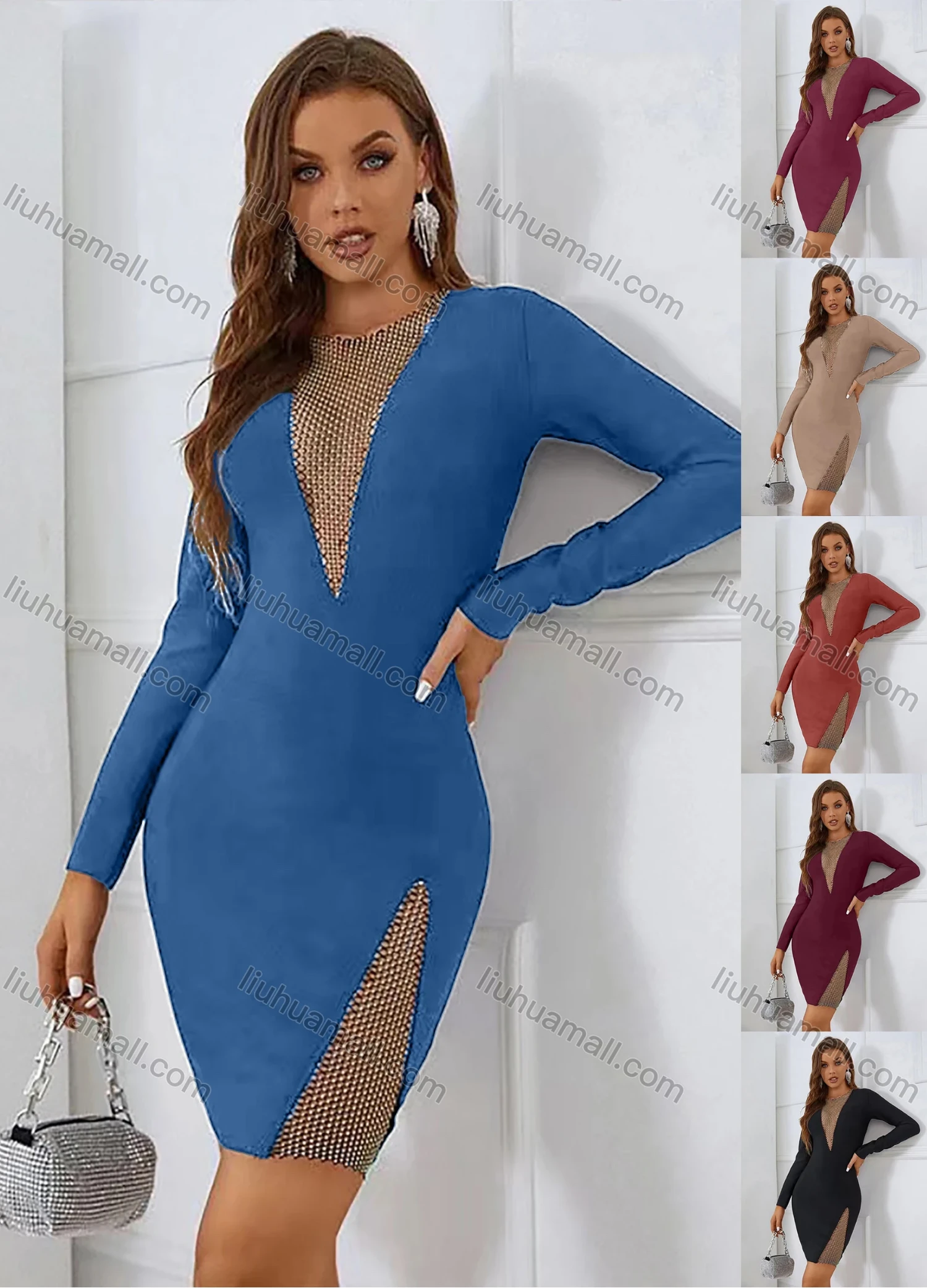 Wholesale Women's Sexy Crew Neck Long Sleeve Mesh Bodycon Short Dress - Liuhuamall