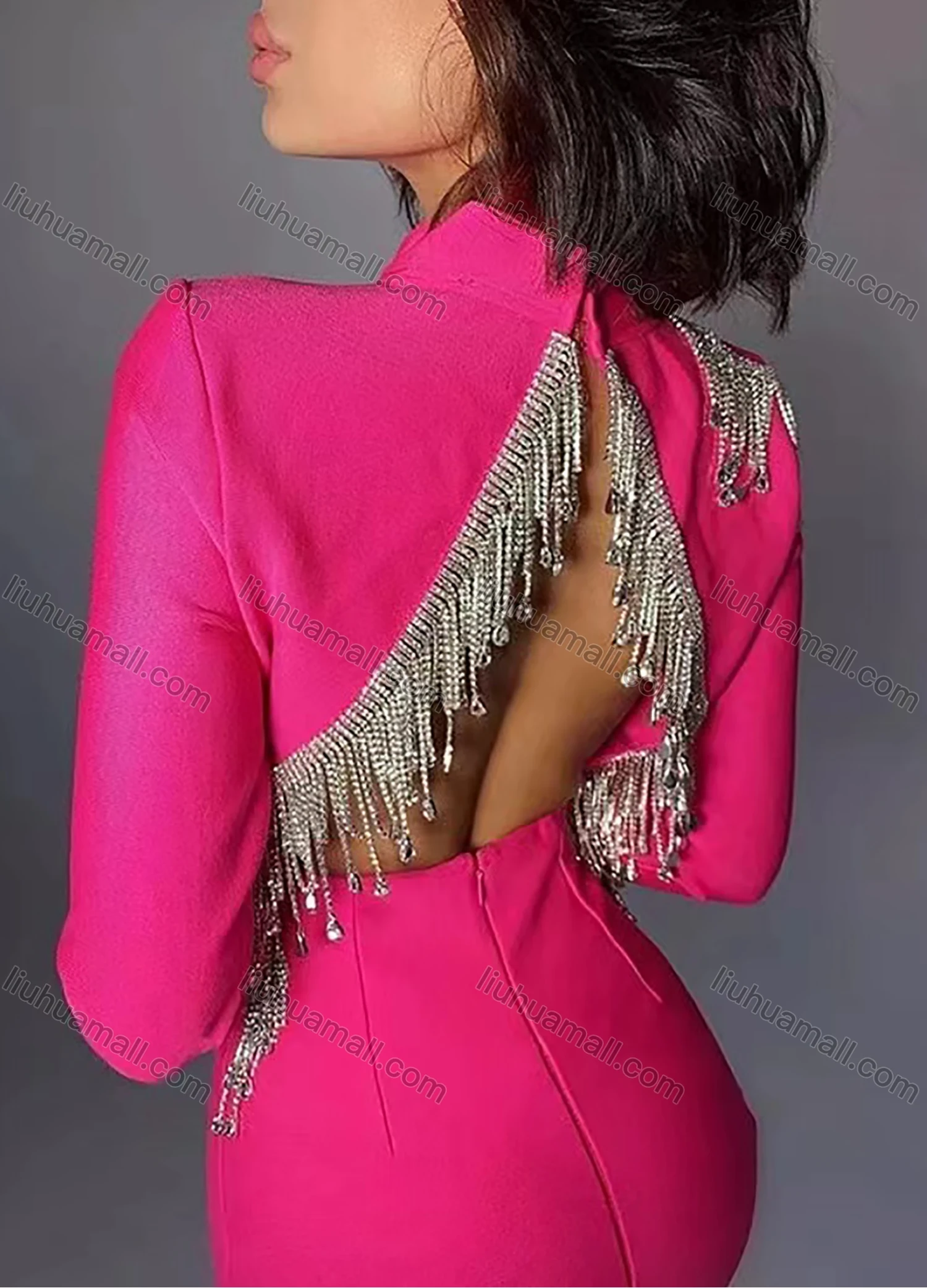 Wholesale Women's Fashion Long Sleeve Mock Neck Backless Fringe Drill Chain Elastic Cocktail Party Dress - Liuhuamall