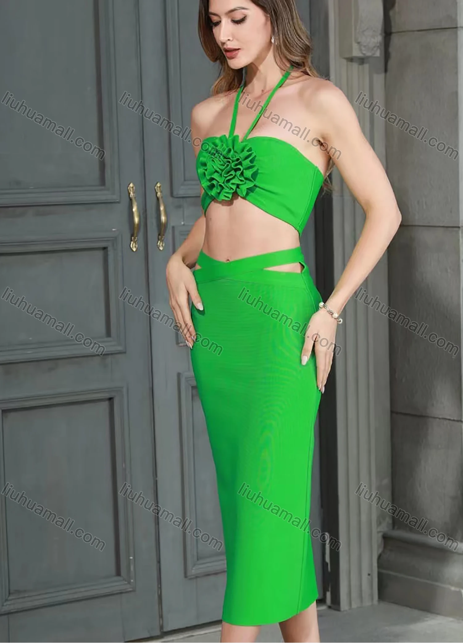 Wholesale Women's Sexy Halter Backless 3D Floral Midi Evening Dress - Liuhuamall