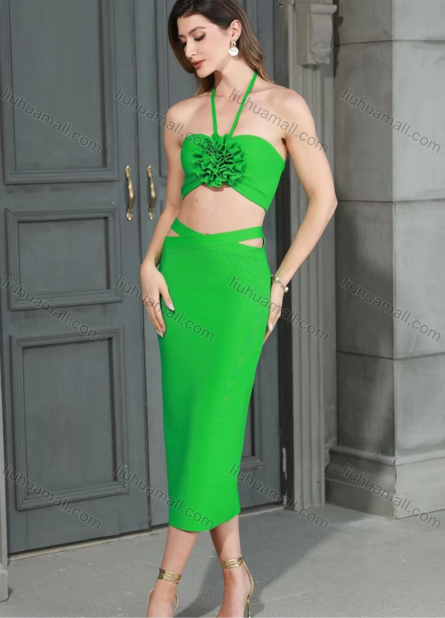 Wholesale Women's Sexy Halter Backless 3D Floral Midi Evening Dress - Liuhuamall